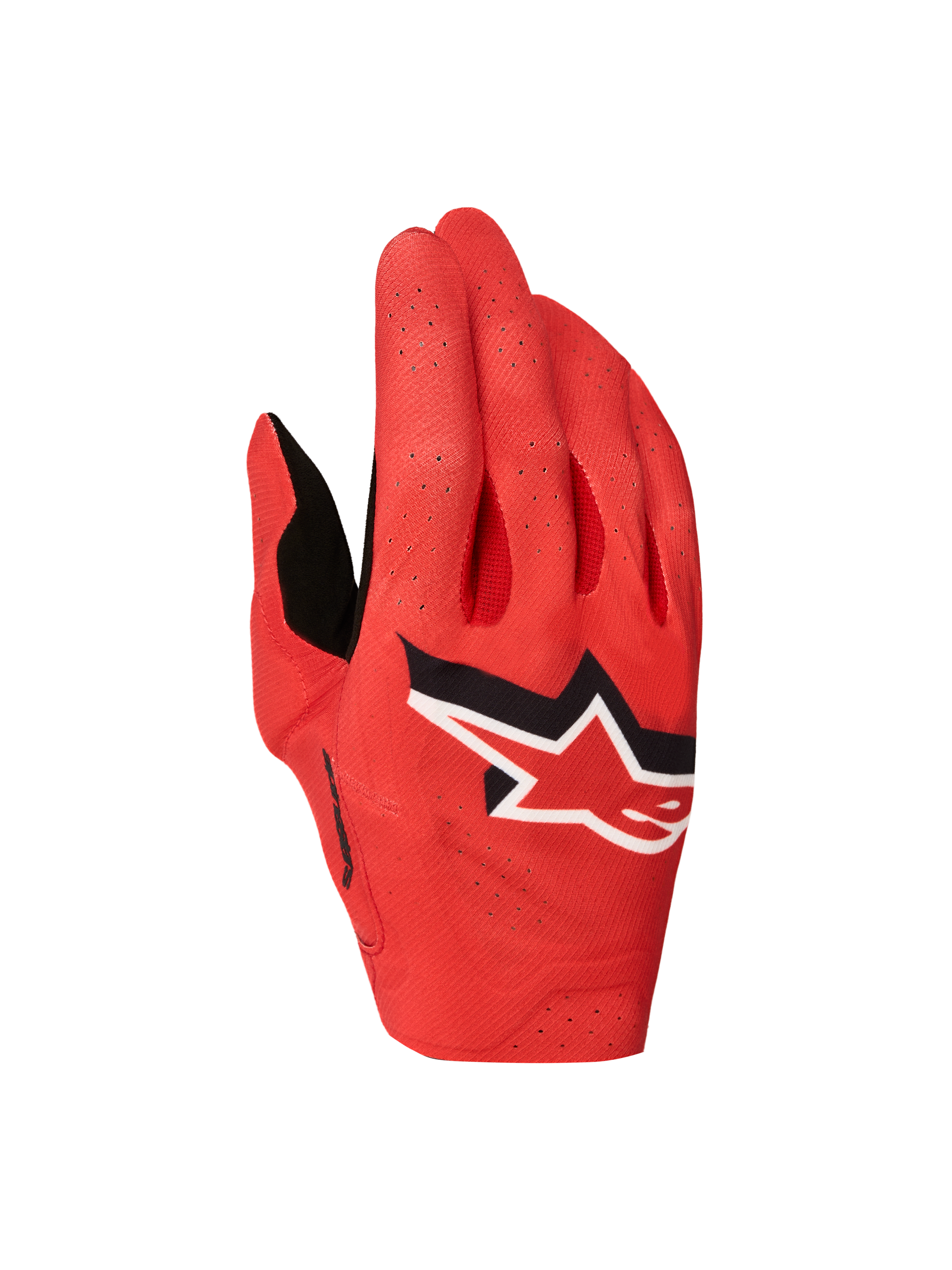 Alpinestars Supertech MX Handschuhe 2027, Motocross-Handschuhe in Feuerrot, schwarz-weißes Sternlogo und Laserperforationen.