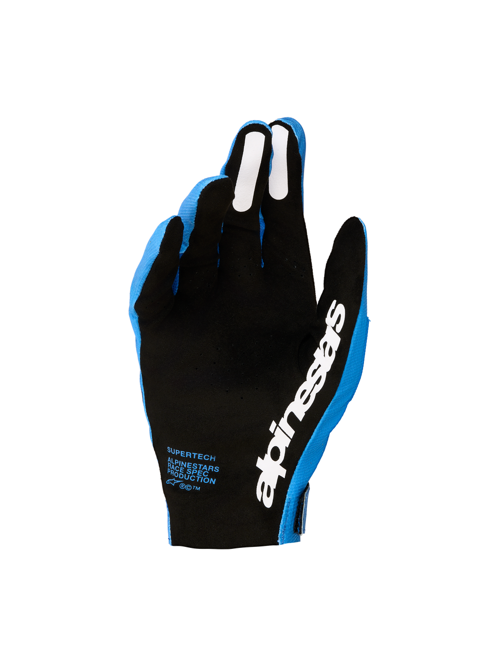 Alpinestars Supertech MX handschoenen, heren motocrosshandschoenen, blauw en zwart, met geperforeerde palm en witte vingergrips.