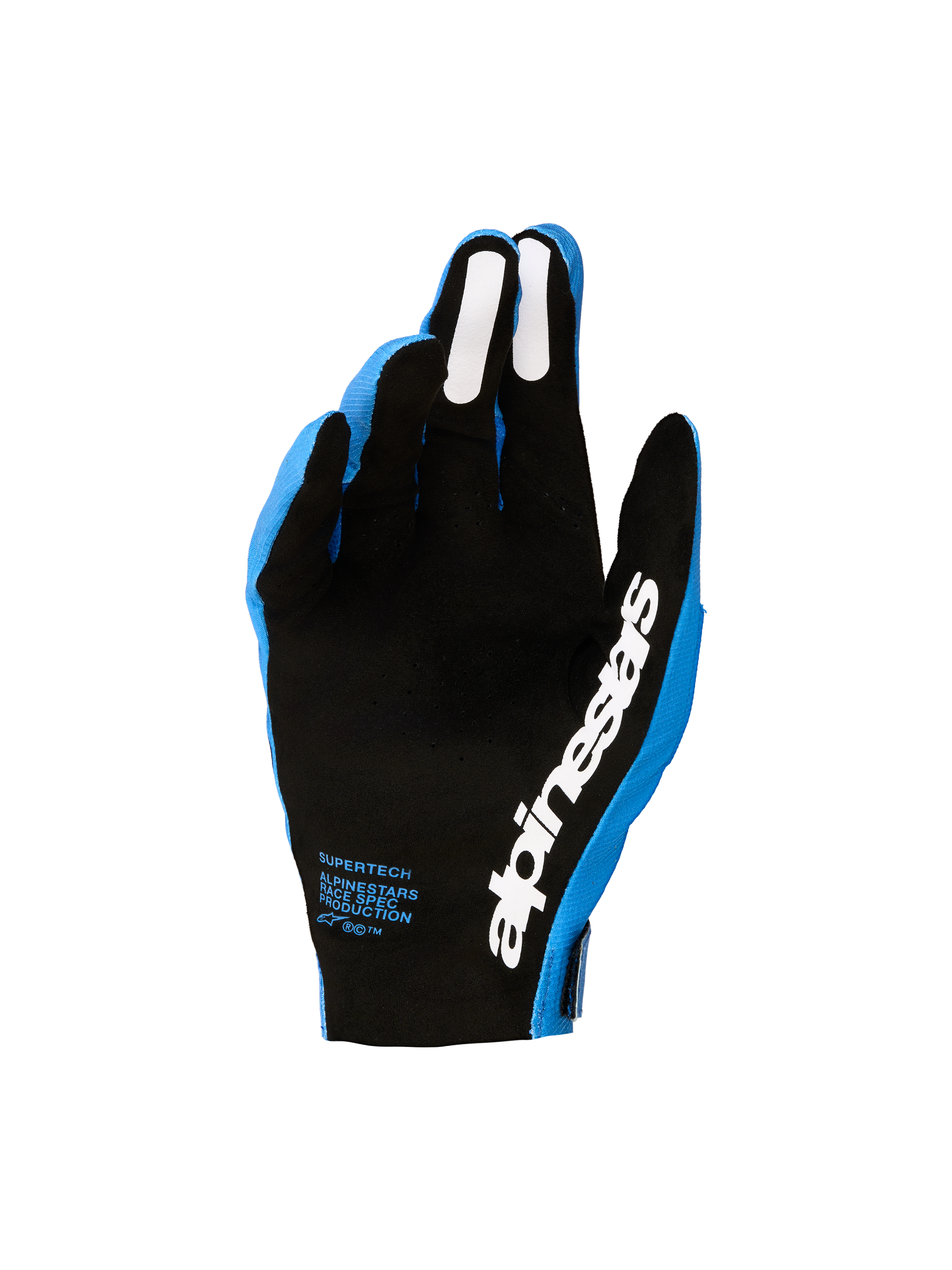 Alpinestars Supertech MX handschoenen, heren motocrosshandschoenen, blauw en zwart, met geperforeerde palm en witte vingergrips.