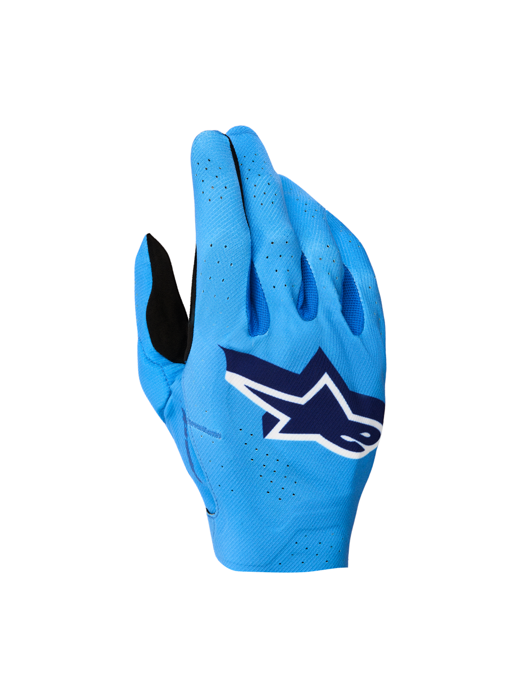 Alpinestars Supertech MX handschoenen 2027, blauwe motorcrosshandschoenen met ademende stretch rugzijde en wit logo.