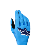 Alpinestars Supertech MX handschoenen 2027, blauwe motorcrosshandschoenen met ademende stretch rugzijde en wit logo.