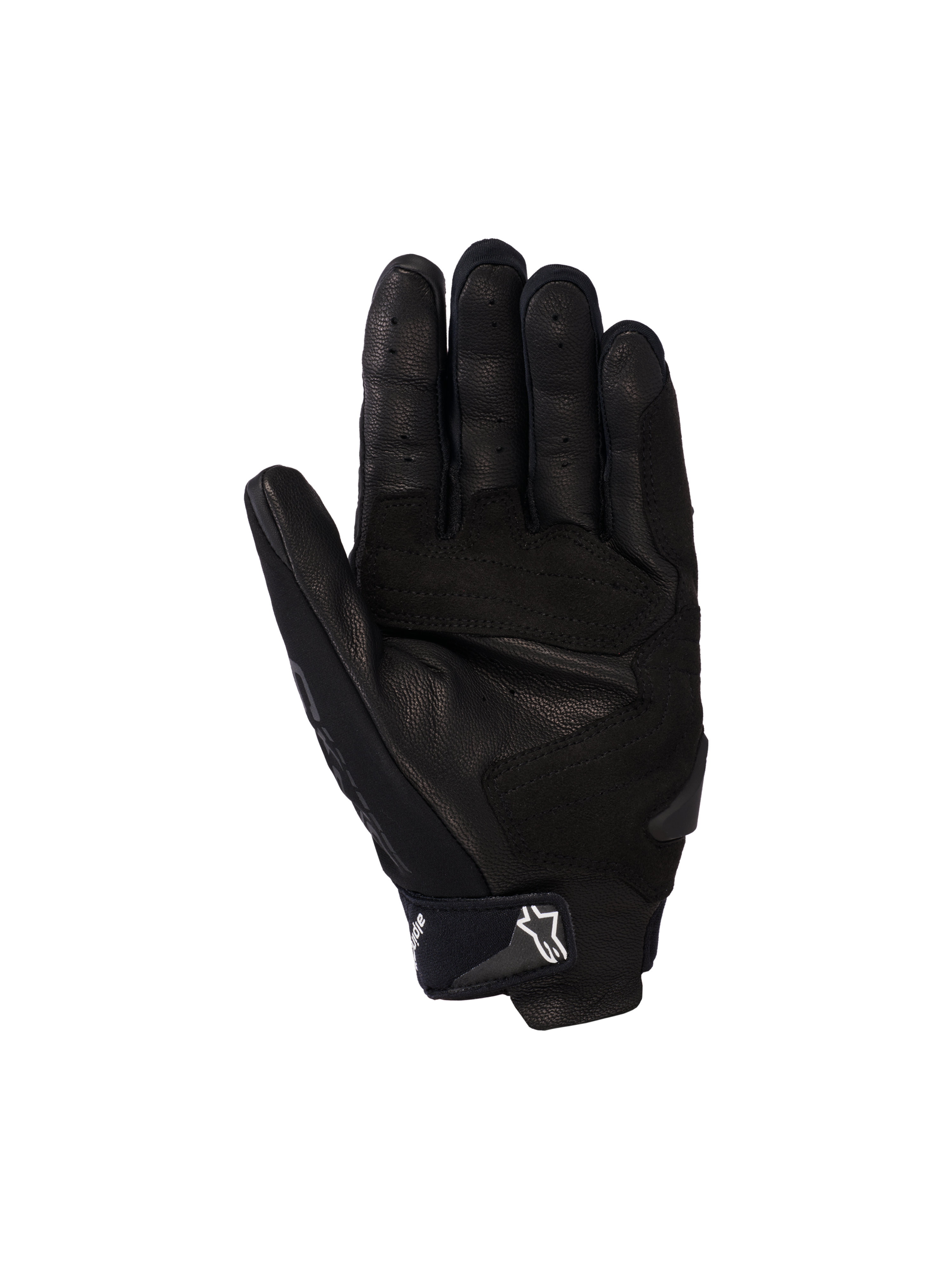 Gants Alpinestars SP X 5 Air, gants de moto, noirs, vue de la paume avec cuir perforé, sliders de paume renforcés et sangle de poignet réglable avec logo étoile blanc, équipement de protection sportif