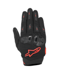 Alpinestars SP X 5 Air Gloves, Motorcycle Sport Gloves, Black and Red Fluo, featuring stretch 3D mesh backhand, TPU double-density knuckle protection, red Alpinestars star logo, breathable perforated design for summer sport riding