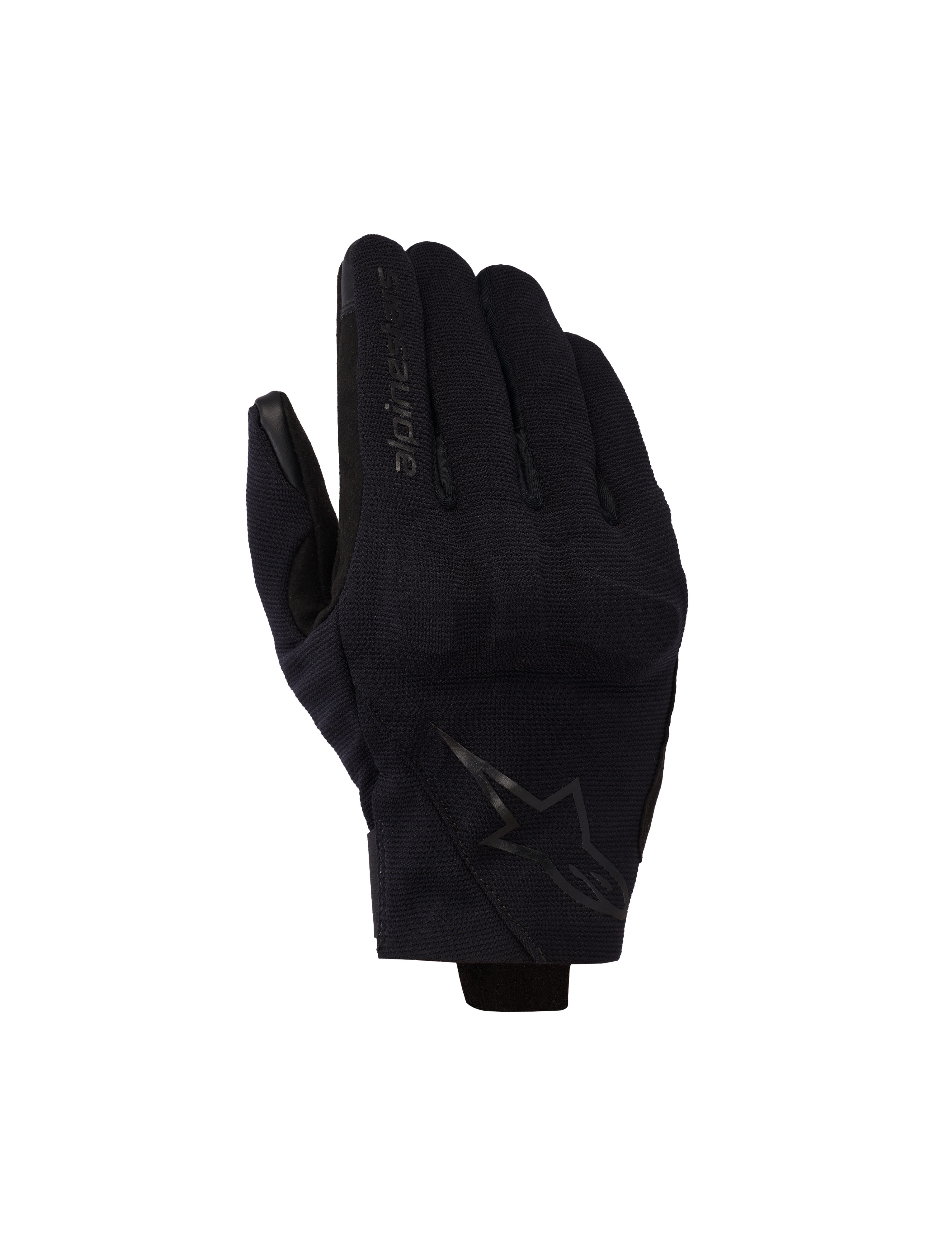 Alpinestars Reef V2 handschoenen, zwarte motorhandschoenen met korte manchet van getextureerde stretchstof, ergonomisch ontwerp met merklogo op de wijsvinger en ster-embleem op de handrug