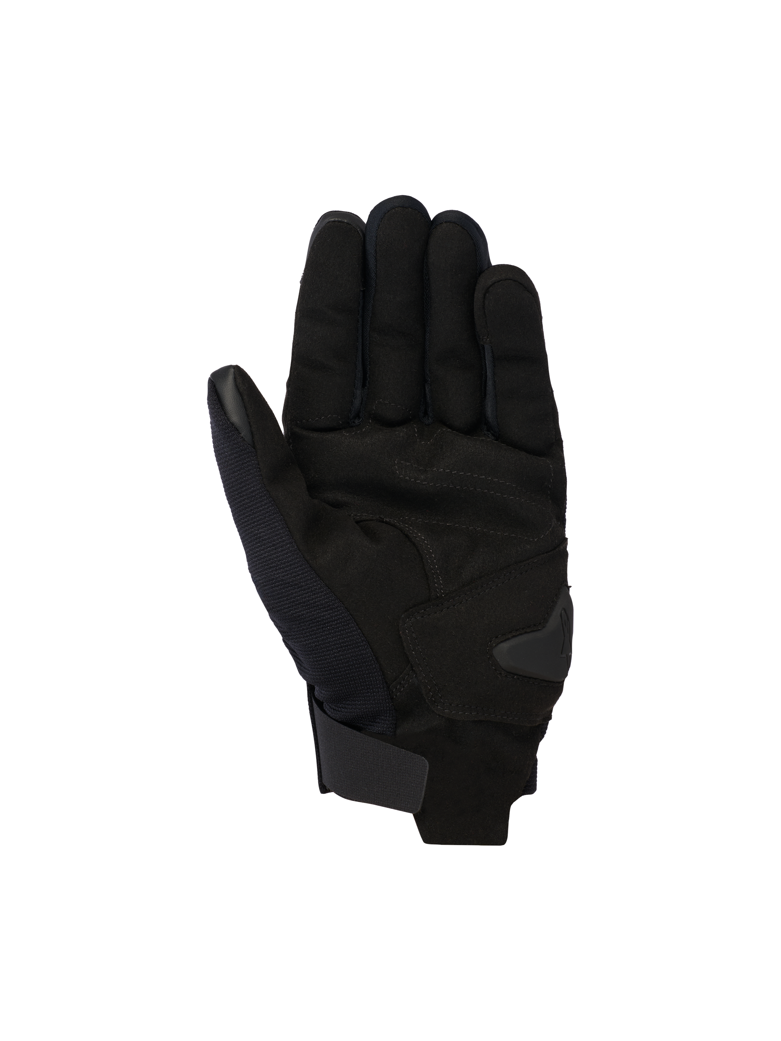 Alpinestars Reef V2 handschoenen, zwarte urban motorhandschoenen, palmweergave met constructie van synthetisch suède en versterkte vulling, korte manchet met klittenbandsluiting, touchscreen-compatibele wijsvinger en duim, ergonomisch ontwerp voor straatgebruik