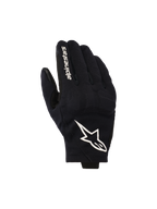 Alpinestars Reef V2 handschoenen, zwart-witte motorhandschoenen, voorzien van een bovenkant van getextureerde stretchstof met een opvallend wit sterlogo en merkbelettering op de wijsvinger, urban design met kort manchet
