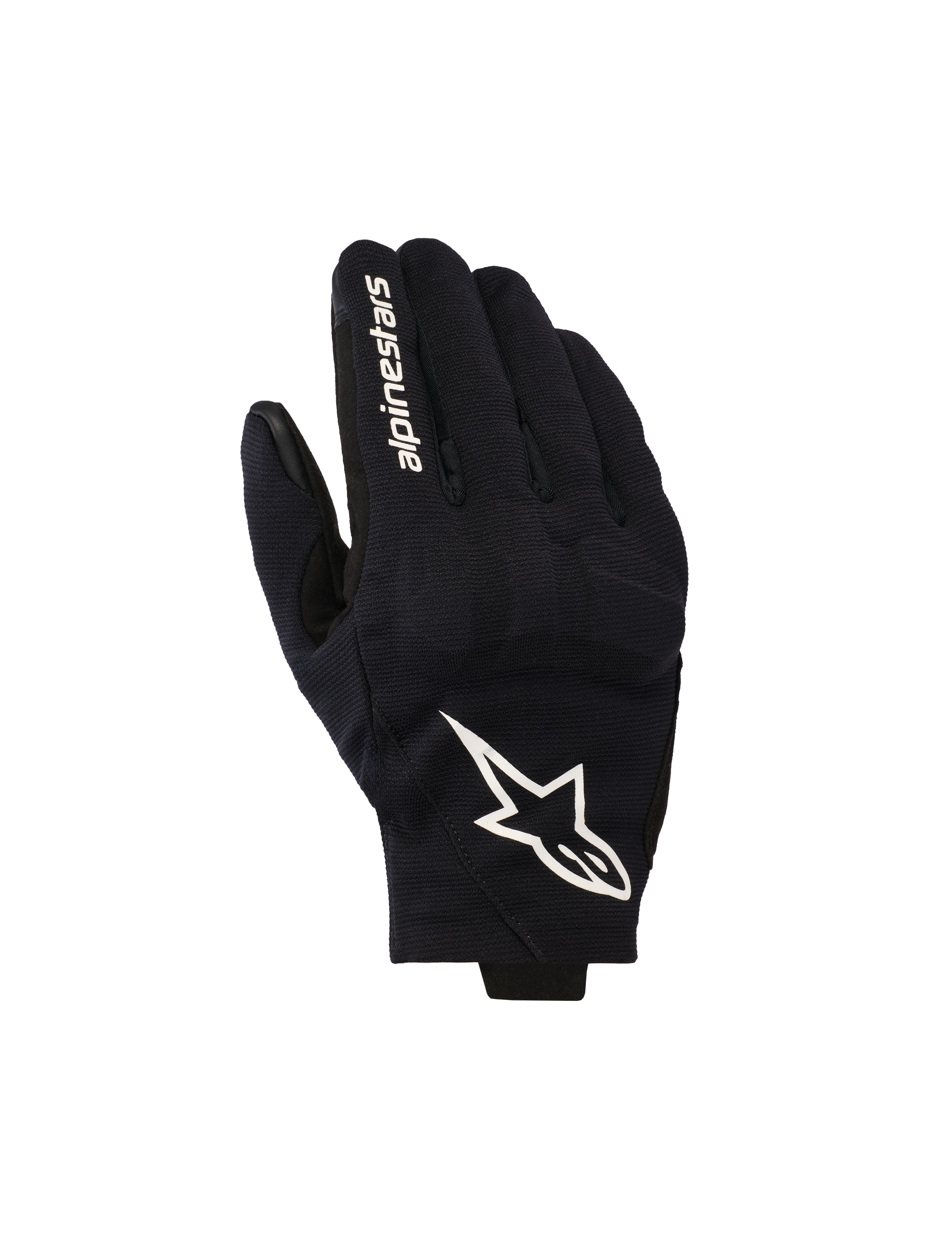 Alpinestars Reef V2 handschoenen, zwart-witte motorhandschoenen, voorzien van een bovenkant van getextureerde stretchstof met een opvallend wit sterlogo en merkbelettering op de wijsvinger, urban design met kort manchet