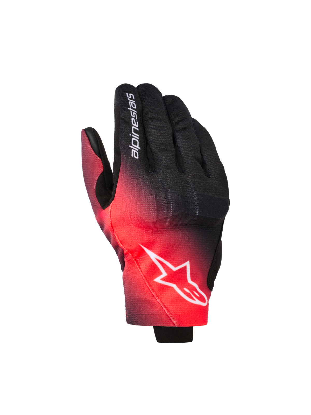 Alpinestars Reef V2 Gloves, motorcycle gloves, Black and Red Fluo, featuring a color gradient, white Alpinestars star logo on the backhand and text on the finger, urban road riding style