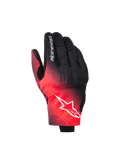 Alpinestars Reef V2 Handschuhe, Motorradhandschuhe, Schwarz und Rot Fluo, mit Farbverlauf, weißes Alpinestars Stern-Logo auf dem Handrücken und Schriftzug auf dem Finger, urbaner Fahrstil