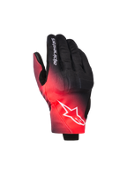 Alpinestars Reef V2 Handschuhe, Motorradhandschuhe, Schwarz und Rot Fluo, mit Farbverlauf, weißes Alpinestars Stern-Logo auf dem Handrücken und Schriftzug auf dem Finger, urbaner Fahrstil