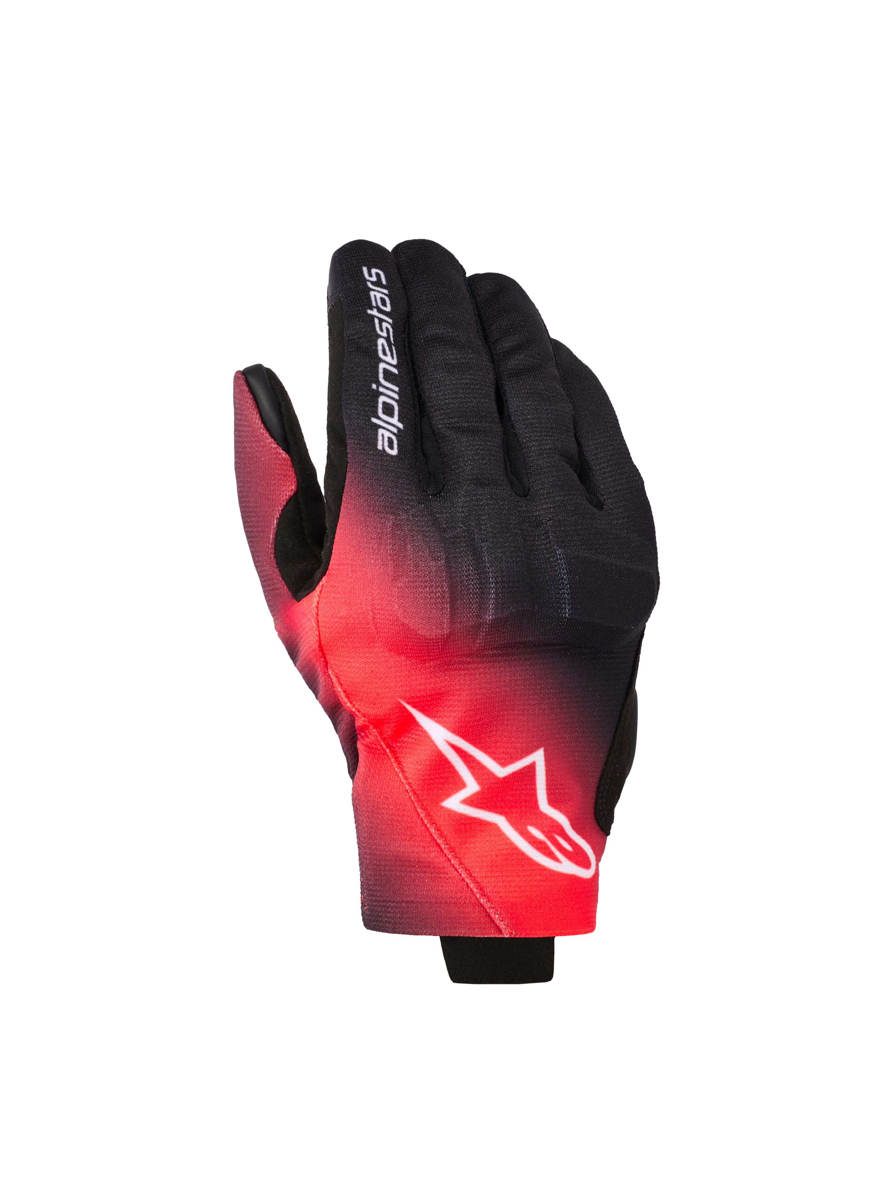Alpinestars Reef V2 Handschuhe, Motorradhandschuhe, Schwarz und Rot Fluo, mit Farbverlauf, weißes Alpinestars Stern-Logo auf dem Handrücken und Schriftzug auf dem Finger, urbaner Fahrstil