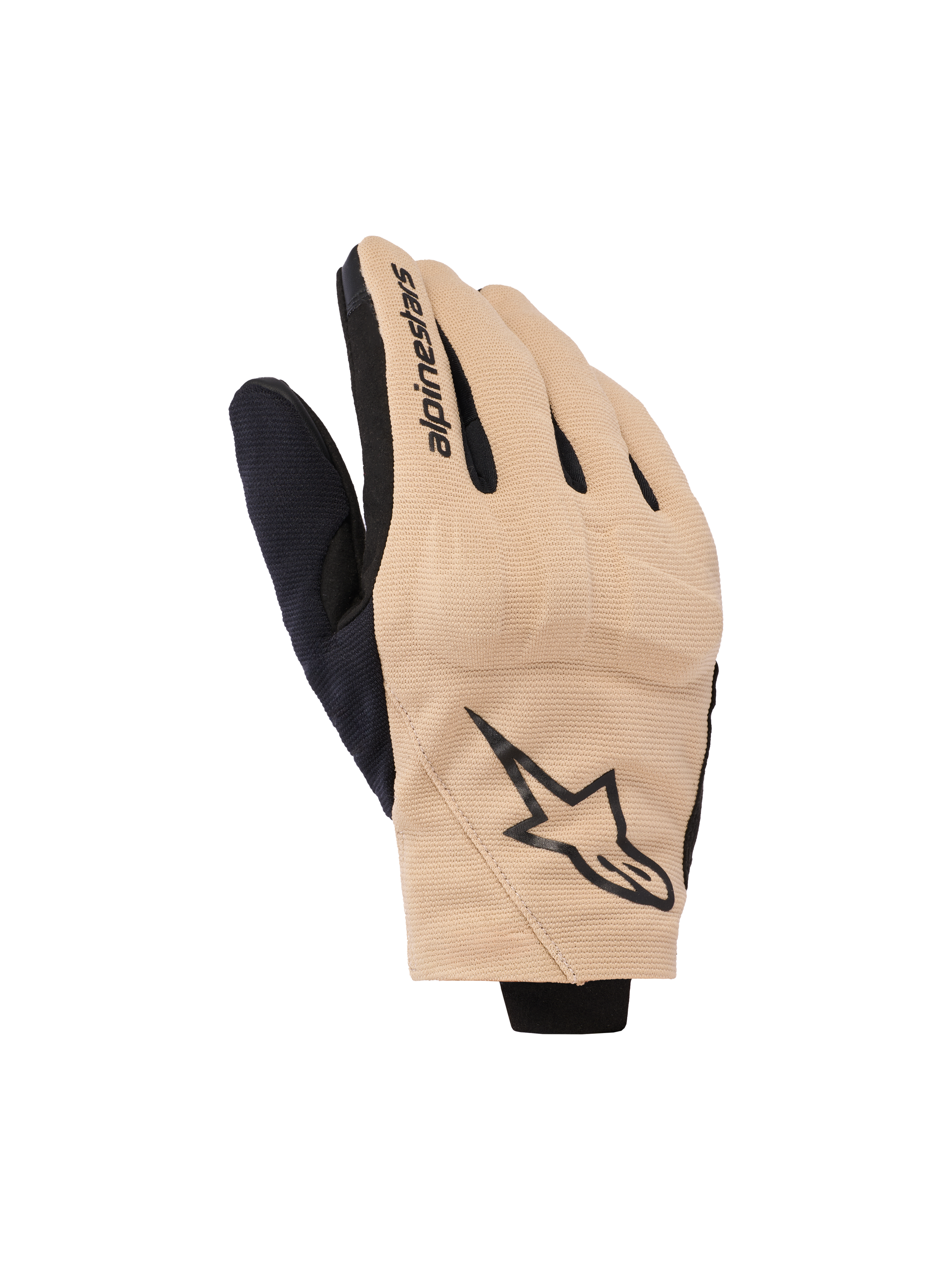 Alpinestars Reef V2 Handschuhe, Motorradhandschuhe, Sand und Schwarz, urbanes Design mit kurzer Stulpe und belüftetem Stretchgewebe, schwarzes Stern-Logo auf dem Handrücken und Alpinestars-Schriftzug auf dem Zeigefinger, moderne Straßenausrüstung