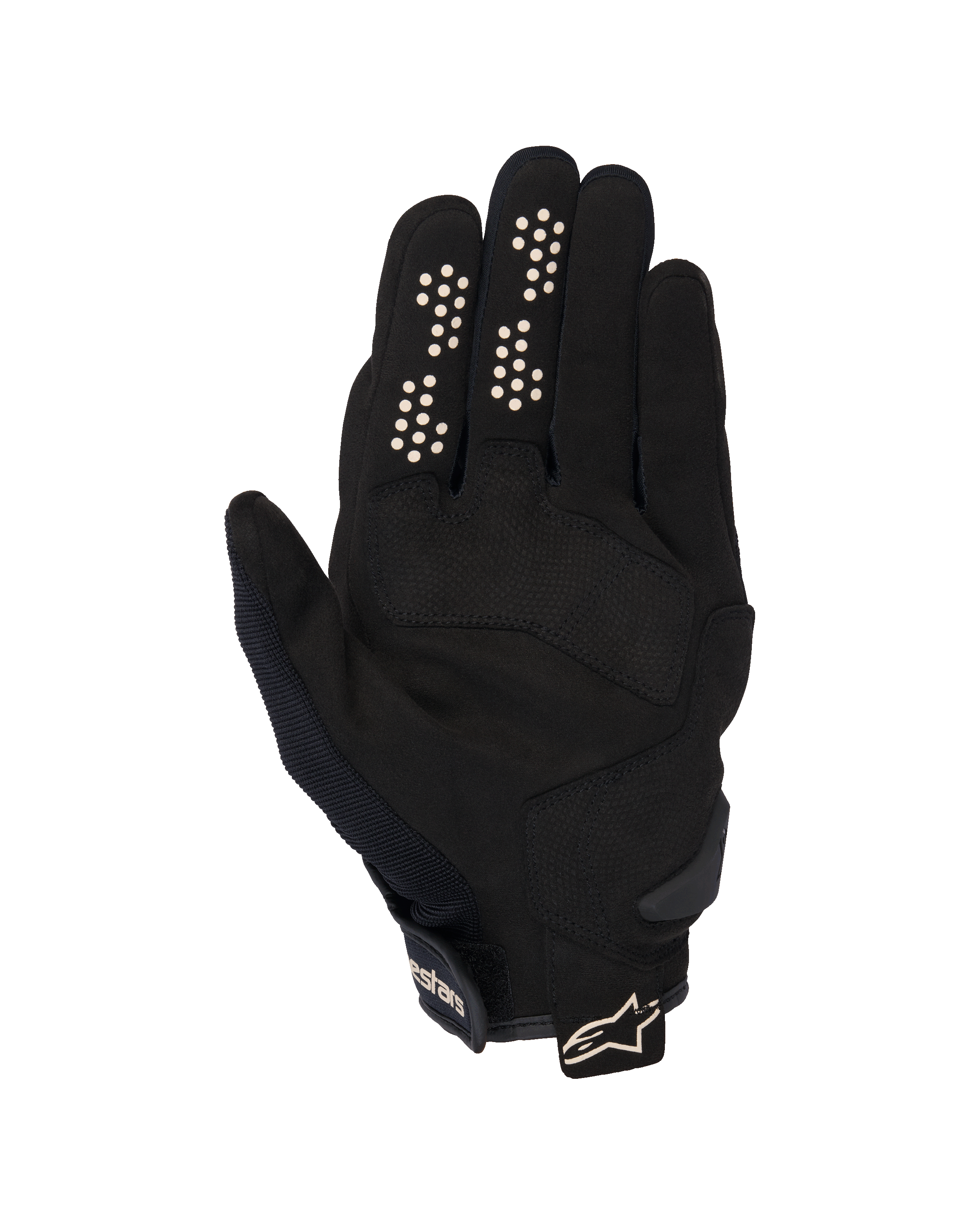 Gants Alpinestars Chrome V2, gants de moto urbains, noir et amande, vue du côté de la paume avec paume en suède synthétique, points d'adhérence en silicone sur l'index et le majeur, et manchette courte avec sangle réglable et logo.