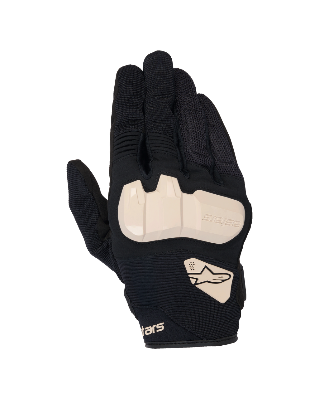 Gants Alpinestars Chrome V2, gants de moto, noir avec accents amande, vue de dessus montrant la protection des articulations en TPU, construction en maille et tissu extensible, panneaux en accordéon sur les doigts