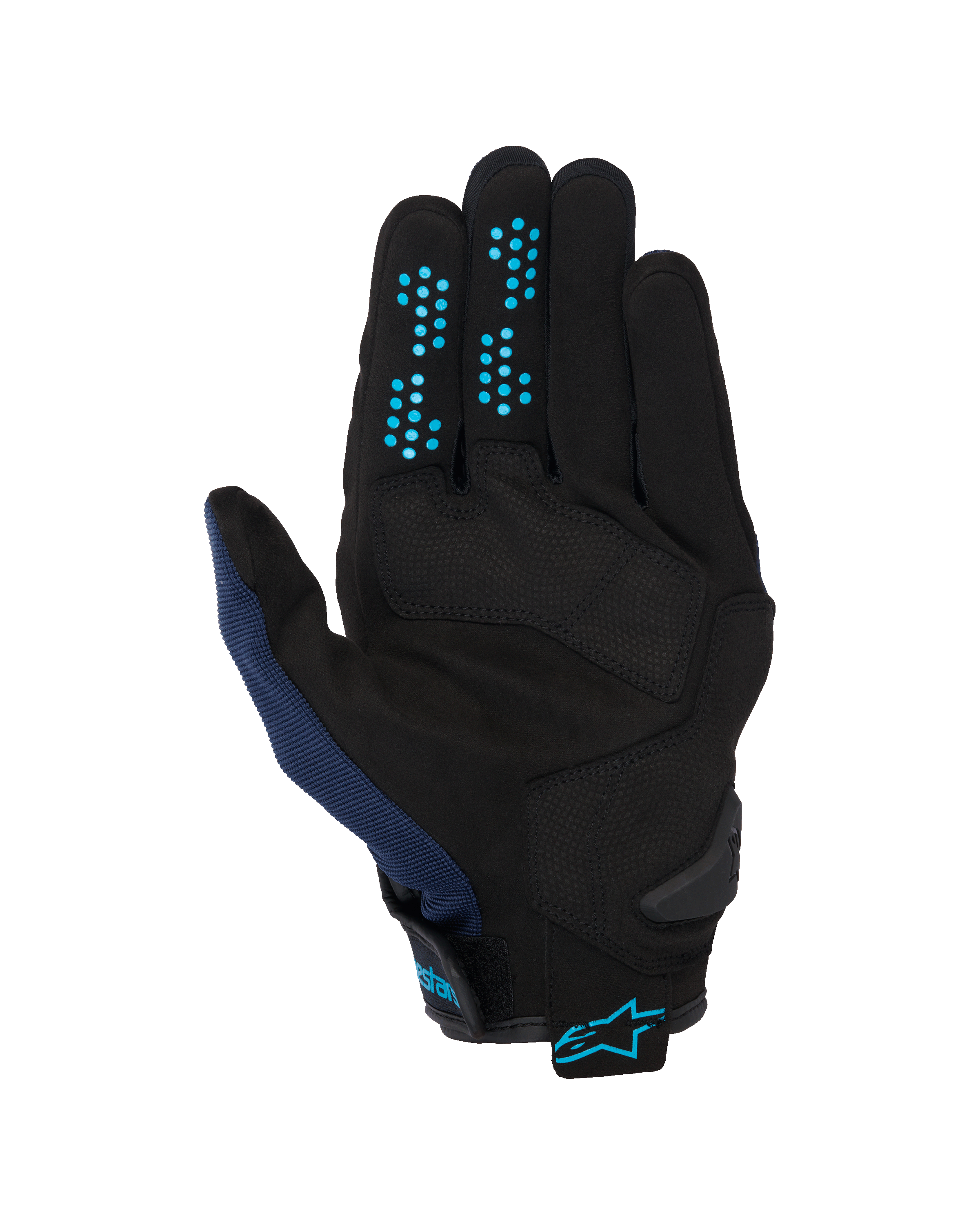 Alpinestars Chrome V2 Handschuhe, Dark Blue Hawaiian Ocean, Handflächenansicht, schwarze Konstruktion aus synthetischem Wildleder mit blauen Silikon-Grip-Punkten an den Fingern, atmungsaktives Mesh am Daumen und verstellbarer Bund mit blauem Alpinestars-Logo.