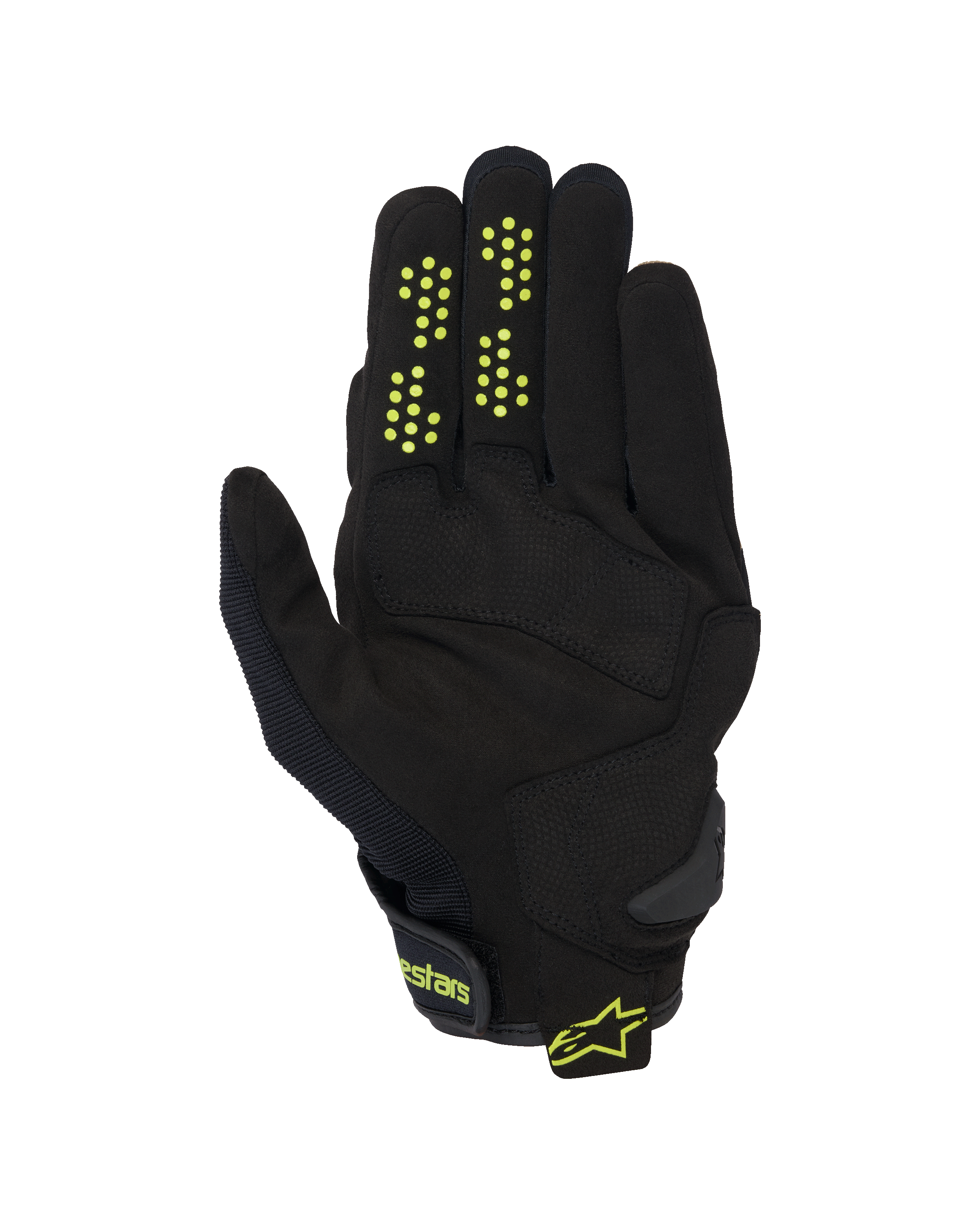 Alpinestars Chrome V2 handschoenen, motorhandschoenen met korte manchet, zwart met neongele accenten, zicht op de handpalm met constructie van synthetisch suède, siliconen gripstippen op de vingers en klittenbandsluiting bij de pols met Alpinestars-branding.
