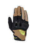 Alpinestars Chrome V2 handschoenen, korte motorhandschoenen, donkerkhaki en zwart, voorzien van harde knokkelbescherming, ademende mesh-panelen en fluorescerend geel Alpinestars logo, stedelijke motorkleding