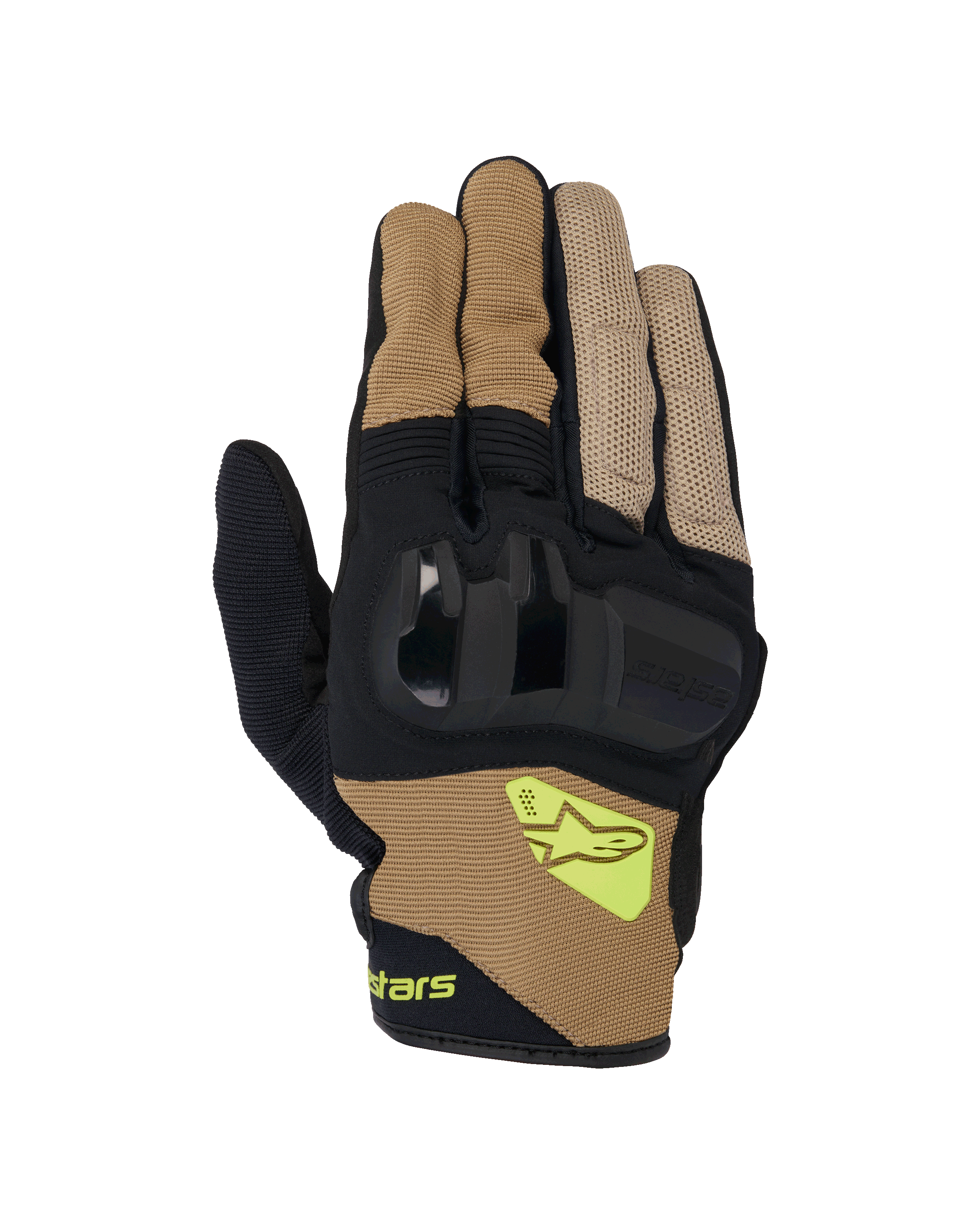 Gants Alpinestars Chrome V2, gants de moto à manchette courte, kaki foncé et noir, avec protection rigide des articulations, panneaux en maille respirante et logo Alpinestars jaune fluo, équipement de route urbain