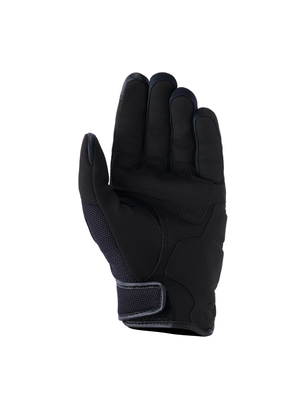Alpinestars Ignite handschoenen, urban motorhandschoenen, zwart, aanzicht van de handpalm met synthetische suède handpalmversterkingen, ademende mesh-inzetstukken en korte manchetsluiting met klittenband