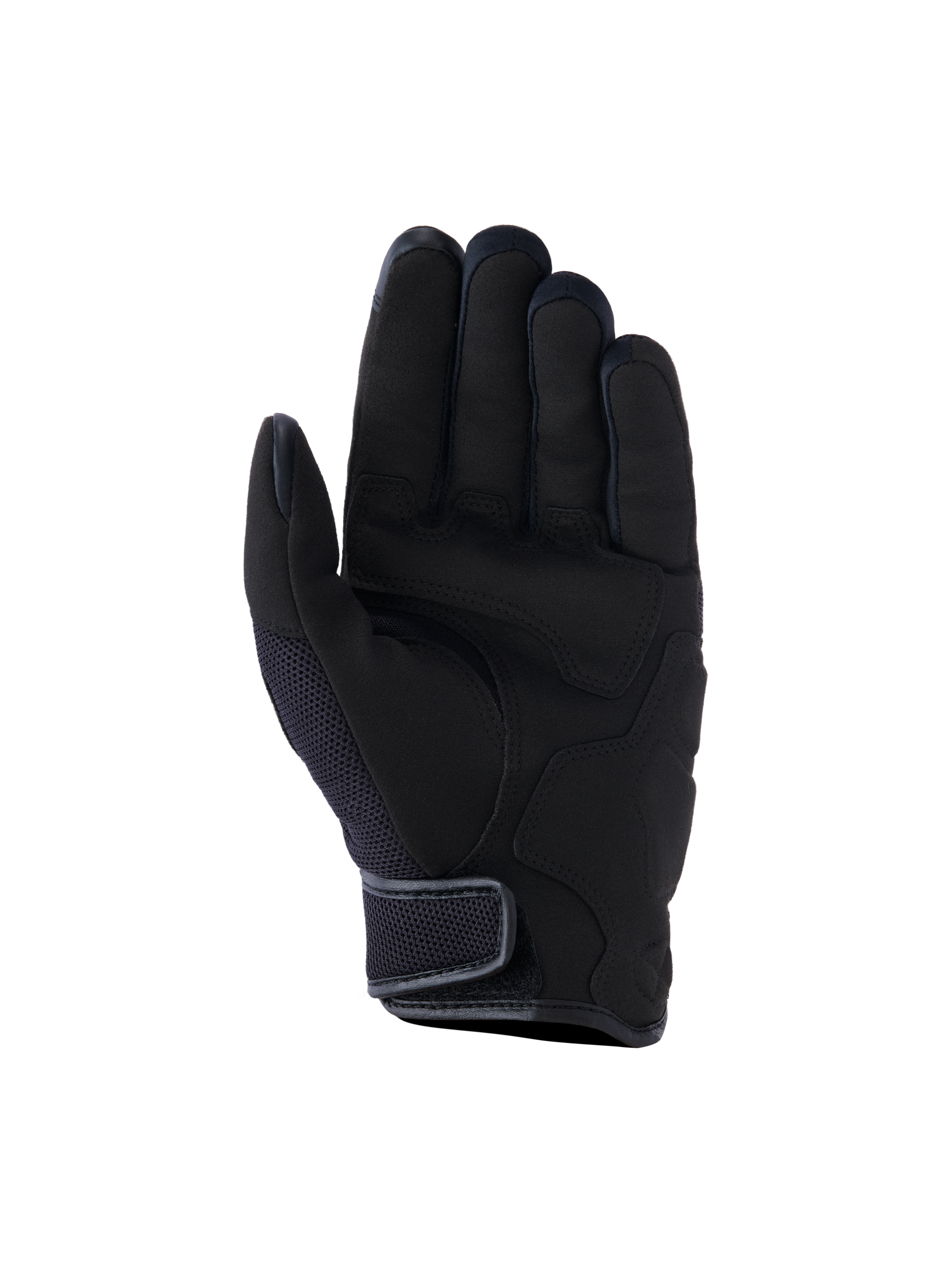 Alpinestars Ignite handschoenen, urban motorhandschoenen, zwart, aanzicht van de handpalm met synthetische suède handpalmversterkingen, ademende mesh-inzetstukken en korte manchetsluiting met klittenband