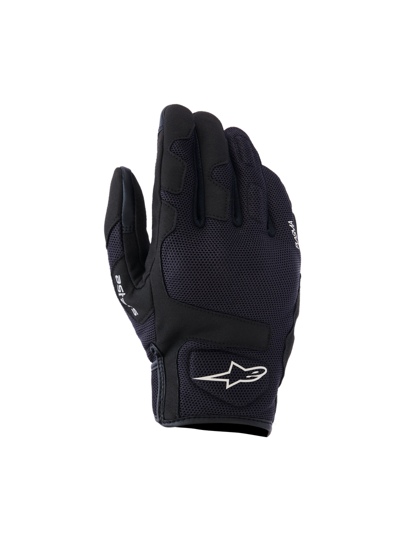 Alpinestars Ignite Gloves, Urban Motorcycle Gloves, Black, featuring a breathable mesh upper, NUCLEON PLASMA knuckle protection, and a white Alpinestars star logo on the cuff.