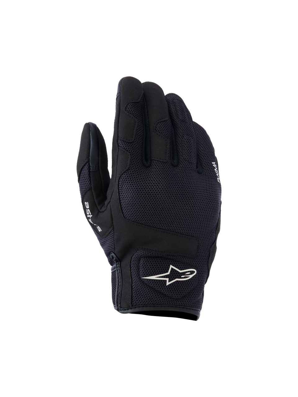 Alpinestars Ignite Gloves, Urban Motorcycle Gloves, Black, featuring a breathable mesh upper, NUCLEON PLASMA knuckle protection, and a white Alpinestars star logo on the cuff.