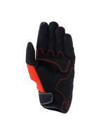 Alpinestars Ignite Handschuhe, Handflächenansicht, Schwarz und Red Tangerine, Handfläche aus synthetischem Wildleder mit roten Kontrastnähten, Mesh-Seiteneinsatz, kurze Stulpe mit Klettverschluss, urbane Motorradausrüstung für Pendler