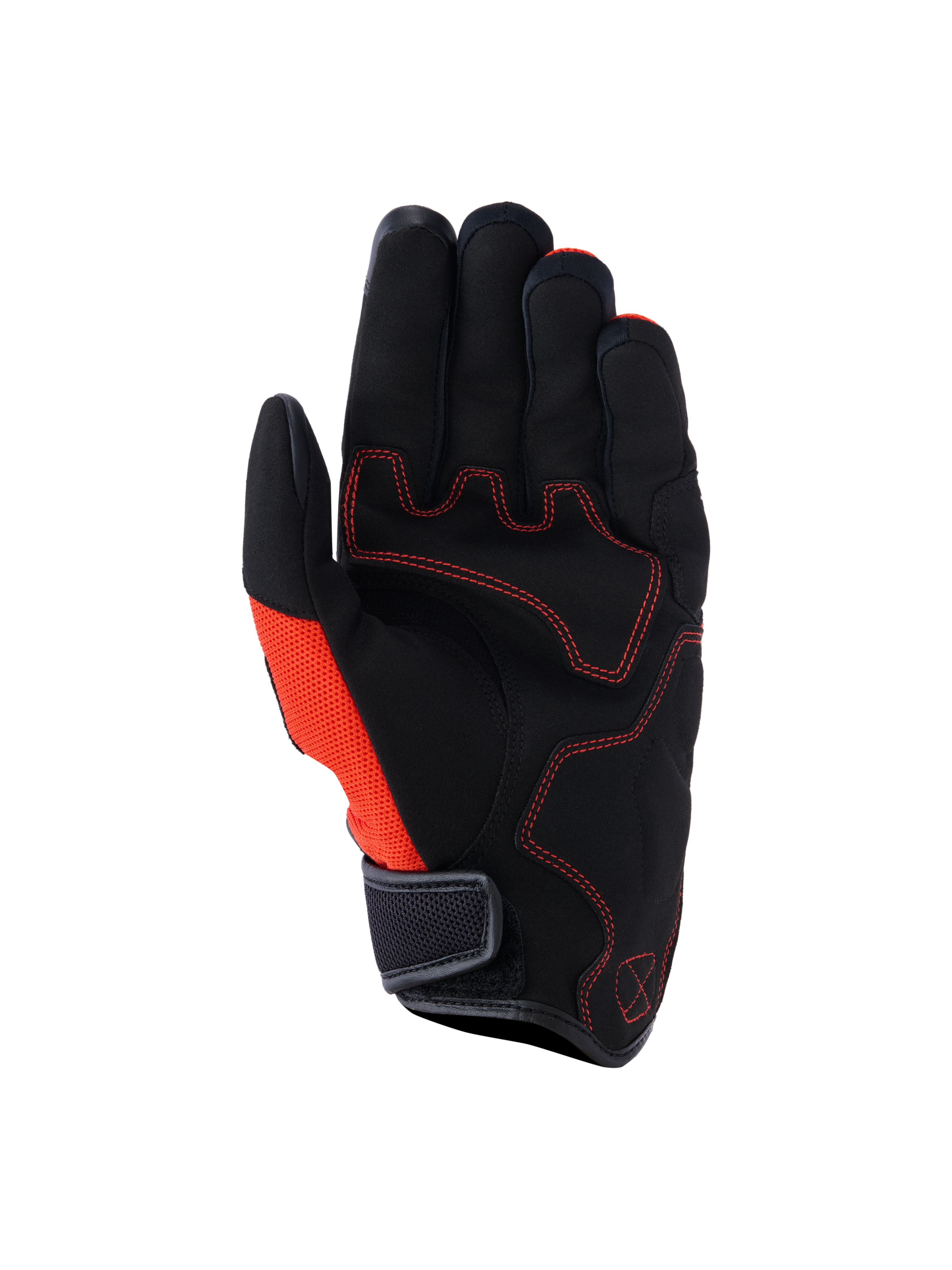 Alpinestars Ignite Handschuhe, Handflächenansicht, Schwarz und Red Tangerine, Handfläche aus synthetischem Wildleder mit roten Kontrastnähten, Mesh-Seiteneinsatz, kurze Stulpe mit Klettverschluss, urbane Motorradausrüstung für Pendler