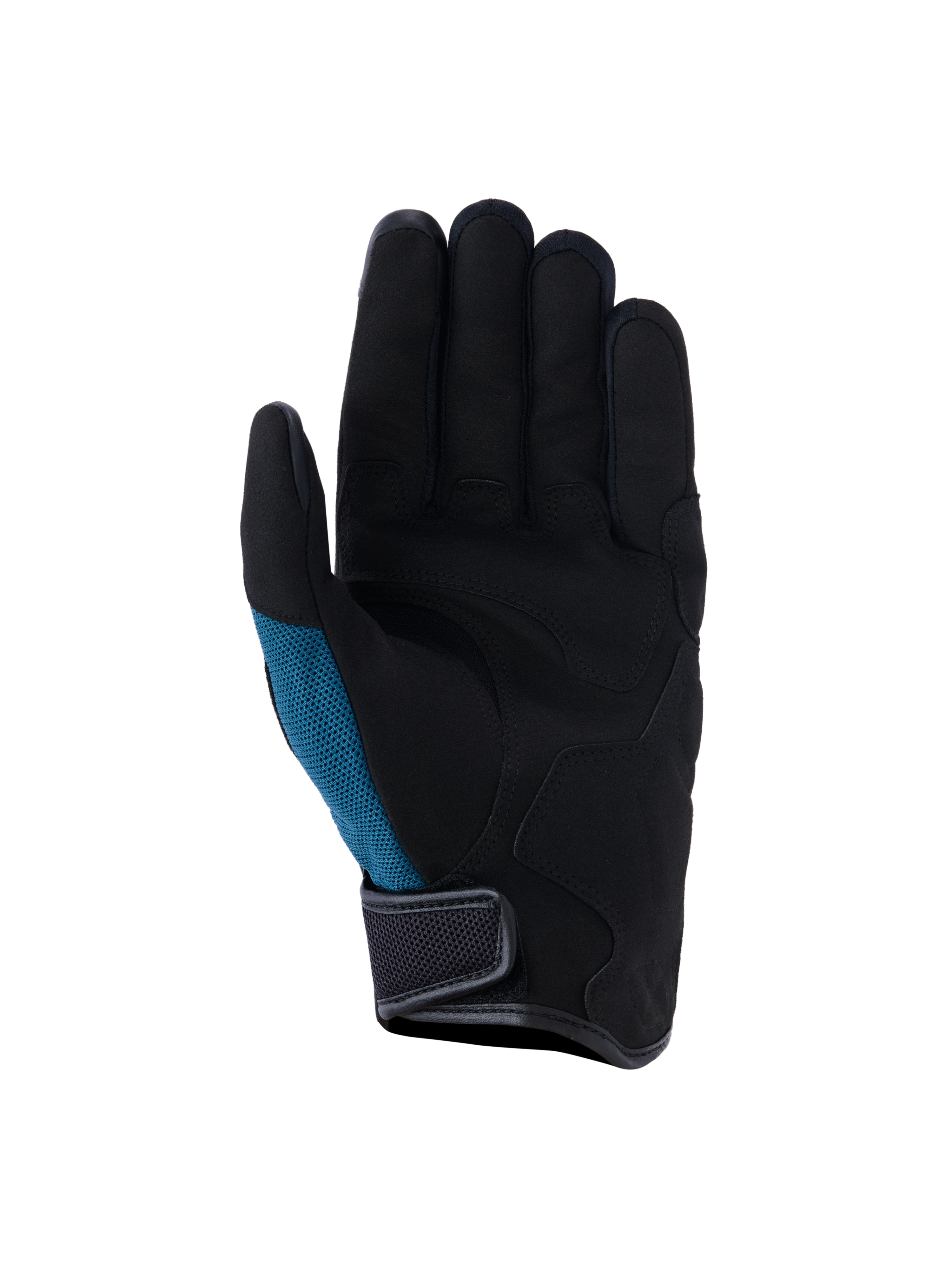 Alpinestars Ignite handschoenen, urban motorhandschoenen, Indigo blauw en zwart, handpalmweergave met synthetisch suède en strategische vulling, groenblauw mesh zijpaneel en kort manchetontwerp met klittenbandsluiting