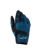 Alpinestars Ignite handschoenen, urban motorhandschoenen, indigo blauw en zwart, ademende mesh-textielconstructie op de bovenkant van de hand, zwarte versterkte panelen over de knokkels, wit A-star logo, kort manchetontwerp voor stadsritten