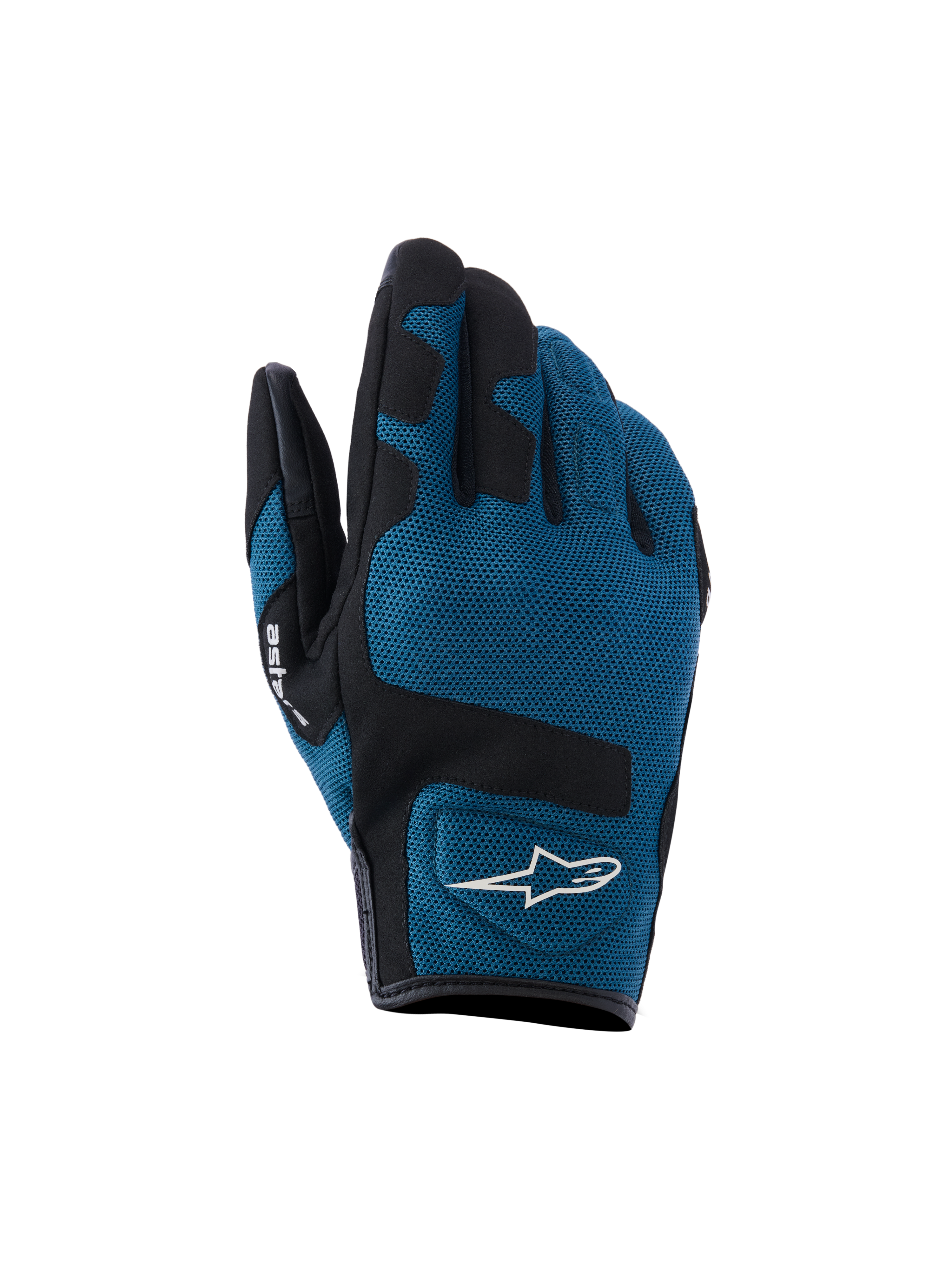 Alpinestars Ignite handschoenen, urban motorhandschoenen, indigo blauw en zwart, ademende mesh-textielconstructie op de bovenkant van de hand, zwarte versterkte panelen over de knokkels, wit A-star logo, kort manchetontwerp voor stadsritten