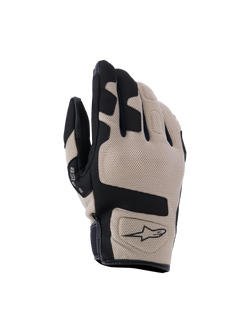 Alpinestars Ignite Gloves, Motorcycle Gloves, Beige and Black, textured mesh top hand with black panel accents, short cuff design with Alpinestars logo, lightweight and breathable protective gear for urban riding