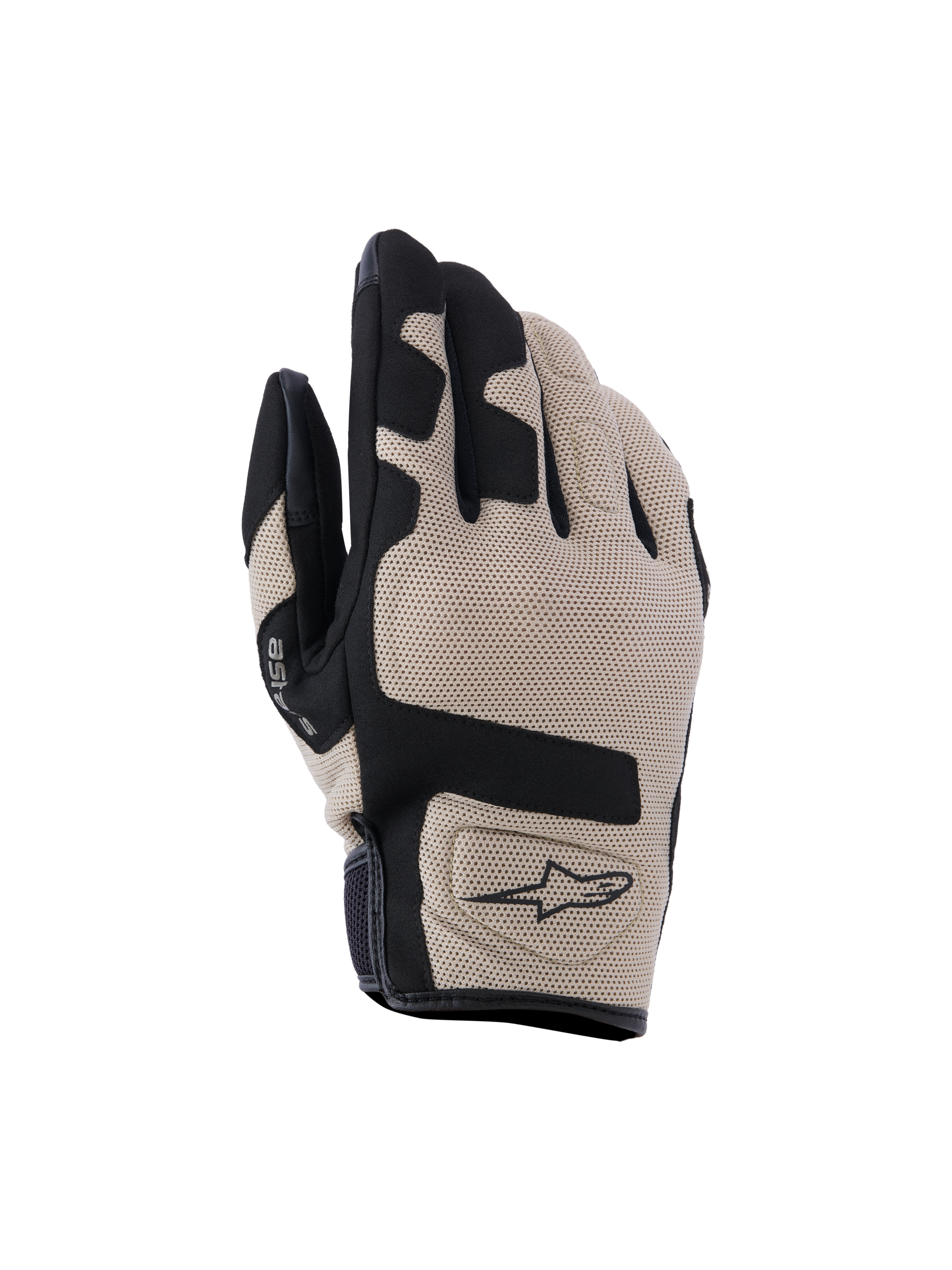 Alpinestars Ignite handschoenen, motorhandschoenen, beige en zwart, bovenkant van gestructureerd mesh met zwarte paneelaccenten, kort manchetontwerp met Alpinestars-logo, lichte en ademende beschermende uitrusting voor stadsritten