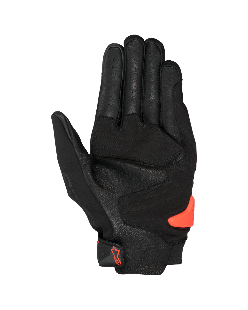 Gants Alpinestars SP X 3, noir et rouge fluo, vue de la paume avec cuir perforé, renforts synthétiques et slider de paume en TPR orange vif, équipement de moto racing et sport