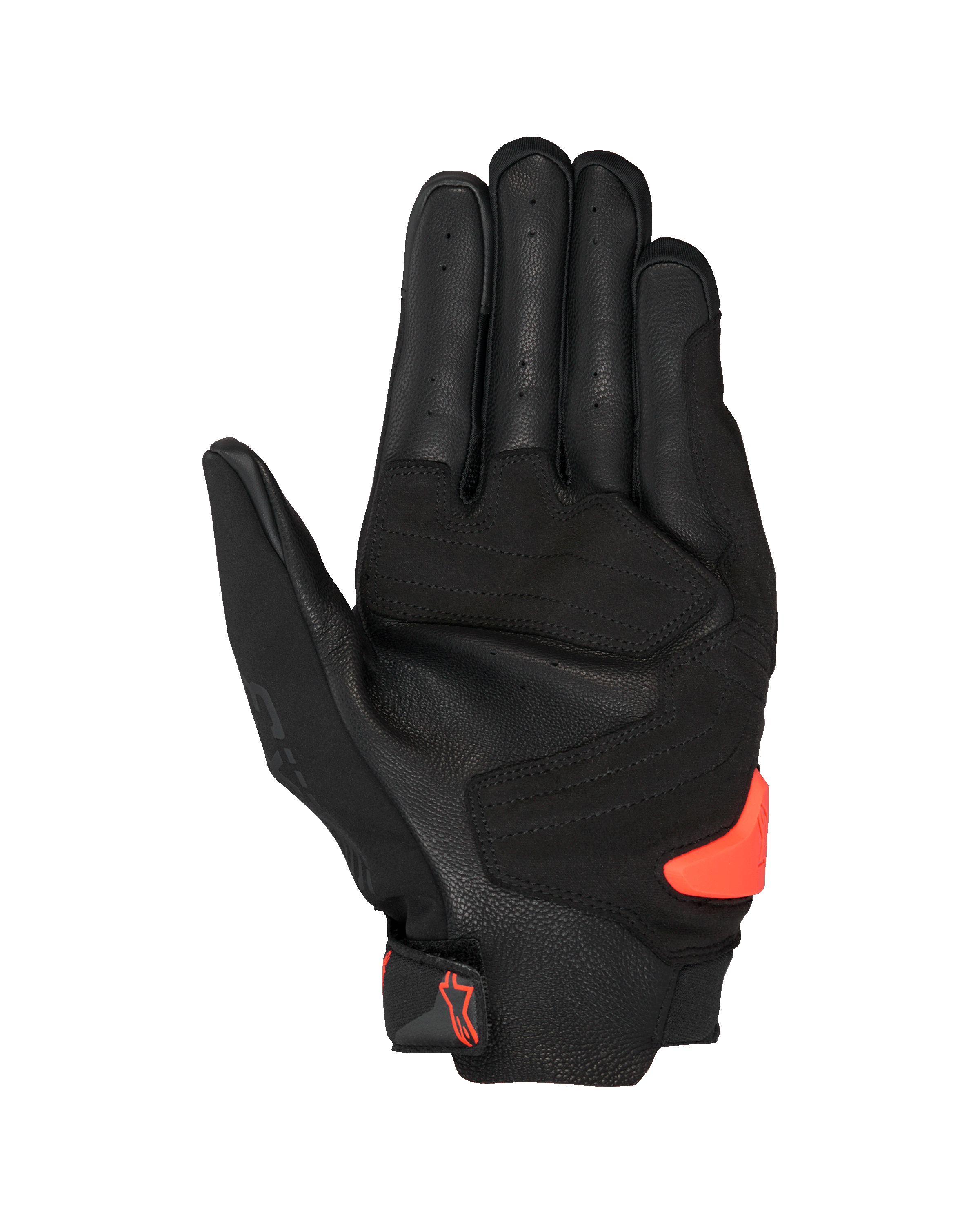 Gants Alpinestars SP X 3, noir et rouge fluo, vue de la paume avec cuir perforé, renforts synthétiques et slider de paume en TPR orange vif, équipement de moto racing et sport