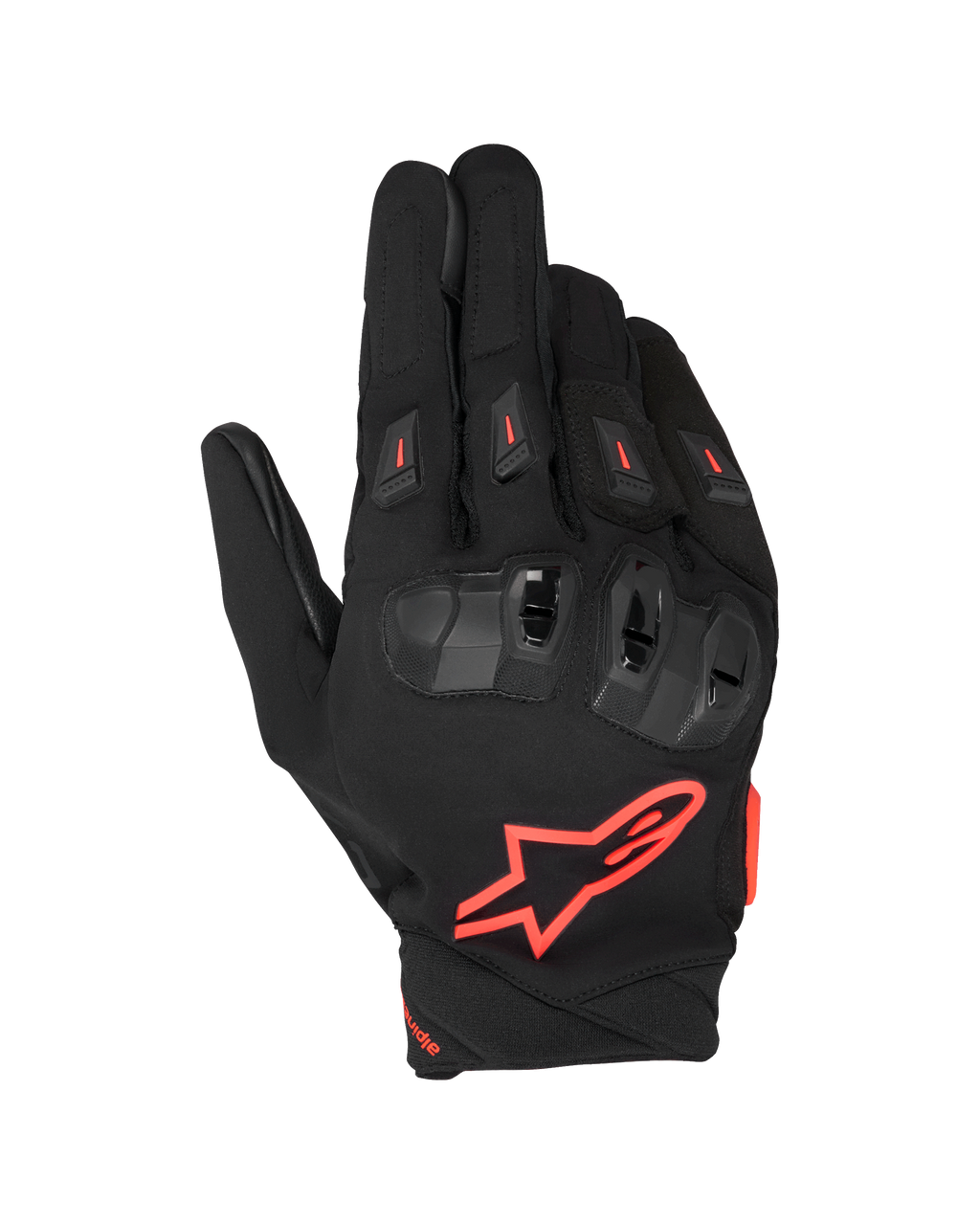 Alpinestars SP X 3, gants de moto racing, noir et rouge fluo, avec un grand logo étoile rouge sur le revers, protection des articulations en TPU double densité avec accents rouges et sliders de doigts ventilés, design protecteur sportif pour la route