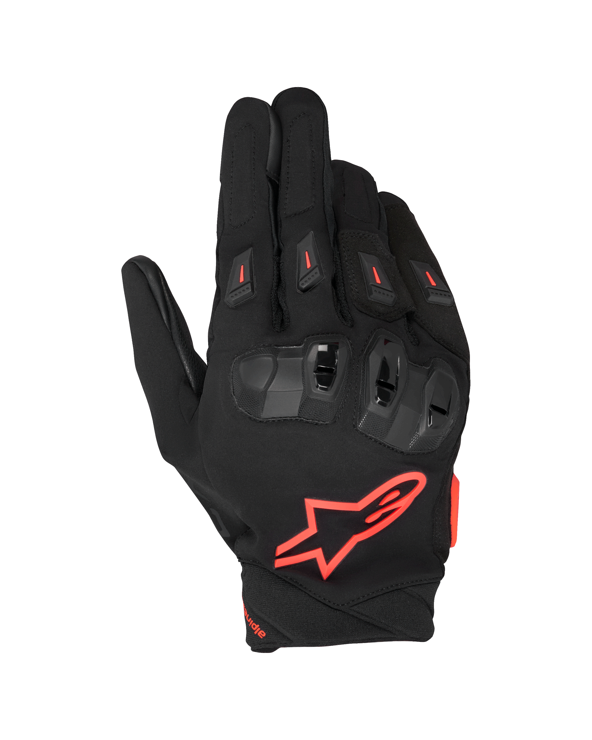 Alpinestars SP X 3, gants de moto racing, noir et rouge fluo, avec un grand logo étoile rouge sur le revers, protection des articulations en TPU double densité avec accents rouges et sliders de doigts ventilés, design protecteur sportif pour la route