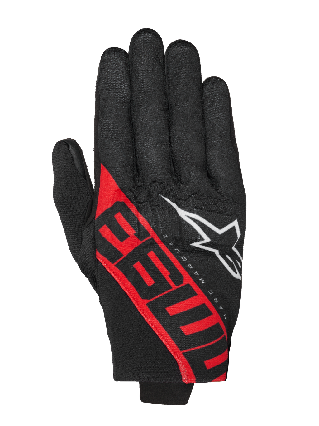 Alpinestars MM93 Reef V2 handschoenen, motorhandschoenen, zwart en felrood, met opvallende rode 93-graphics en wit sterlogo, Marc Márquez signature-ontwerp, textielconstructie met korte manchet