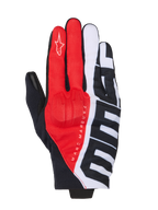 Alpinestars MM93 Reef V2 Handschuhe, Motorradhandschuhe, Schwarz, Hellrot und Weiß, mit Marc Marquez Signature-Branding und großen MM93-Grafiken, Textilkonstruktion mit integriertem Knöchelschutz, urbane Fahrerausrüstung mit kurzer Stulpe