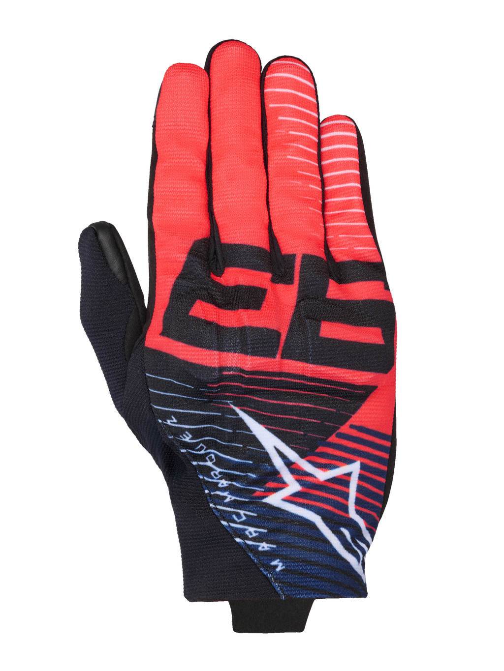 Alpinestars MM93 Reef V2 handschoenen, motorhandschoenen, rood en zwart met marineblauwe accenten, met een prominente zwarte 93-graphic, wit Alpinestars-sterlogo met strepen, en een eigentijds sportief ontwerp met ademende stretchstof.