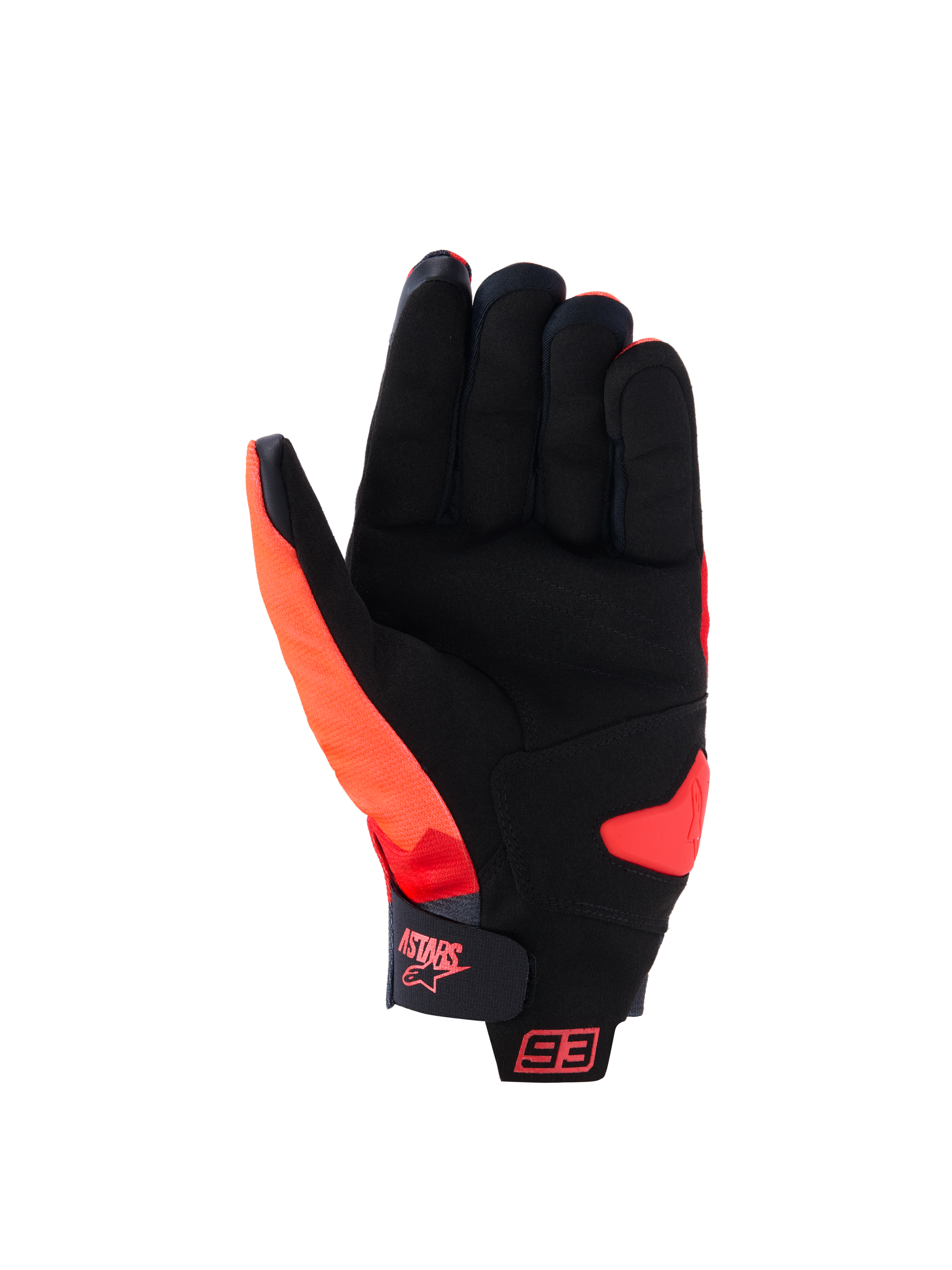 Alpinestars MM93 Reef V2 handschoenen, zicht op de handpalm, fluo rood, helderrood en zwart, met een handpalm van synthetisch suède en gewatteerde versteviging, klittenbandsluiting op de manchet met Astars-logo en 93-branding, urban motorhandschoenen