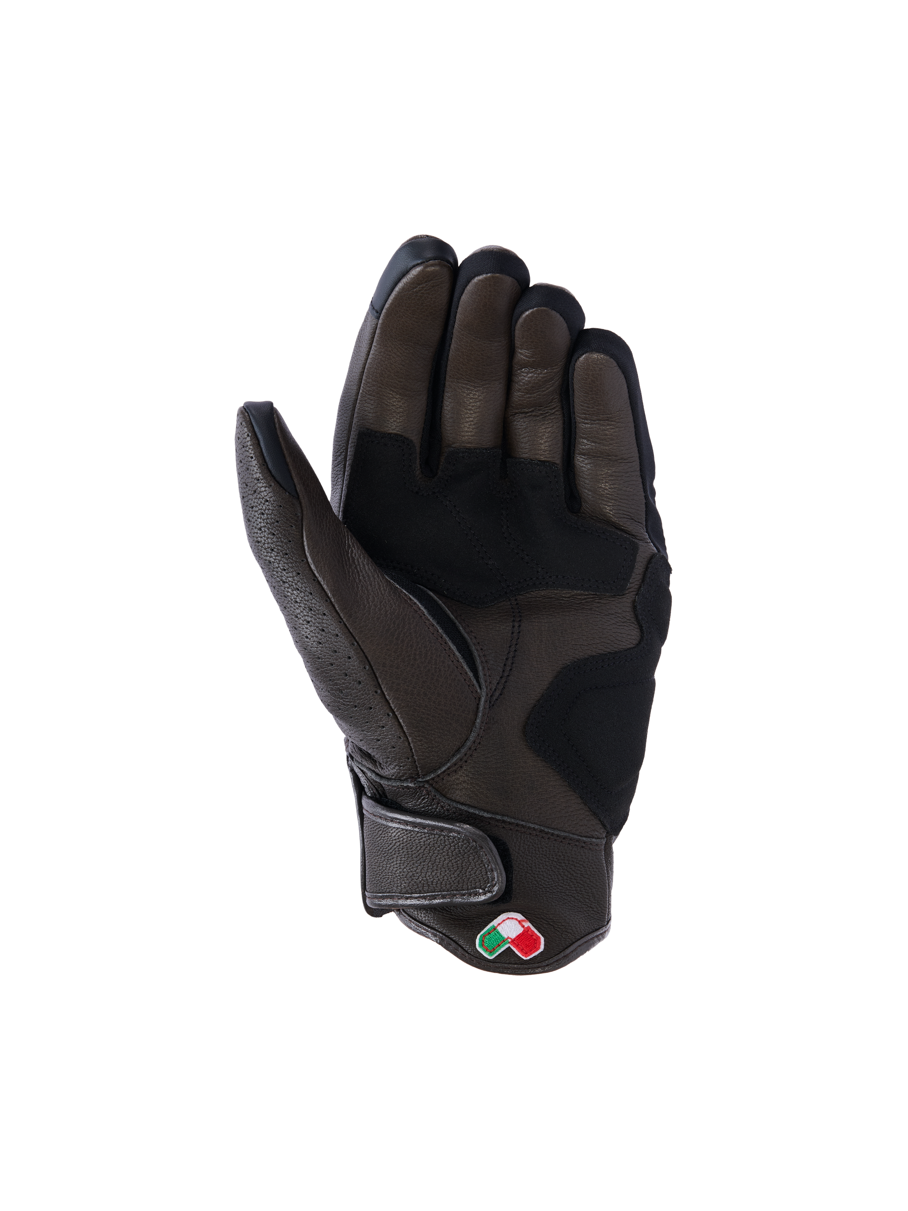 Alpinestars Mustang V3 Leather Gloves, Dark Brown and Black, palm side view, featuring reinforced leather construction, short cuff with hook and loop closure, and small embroidered shield patch, urban motorcycle riding gear