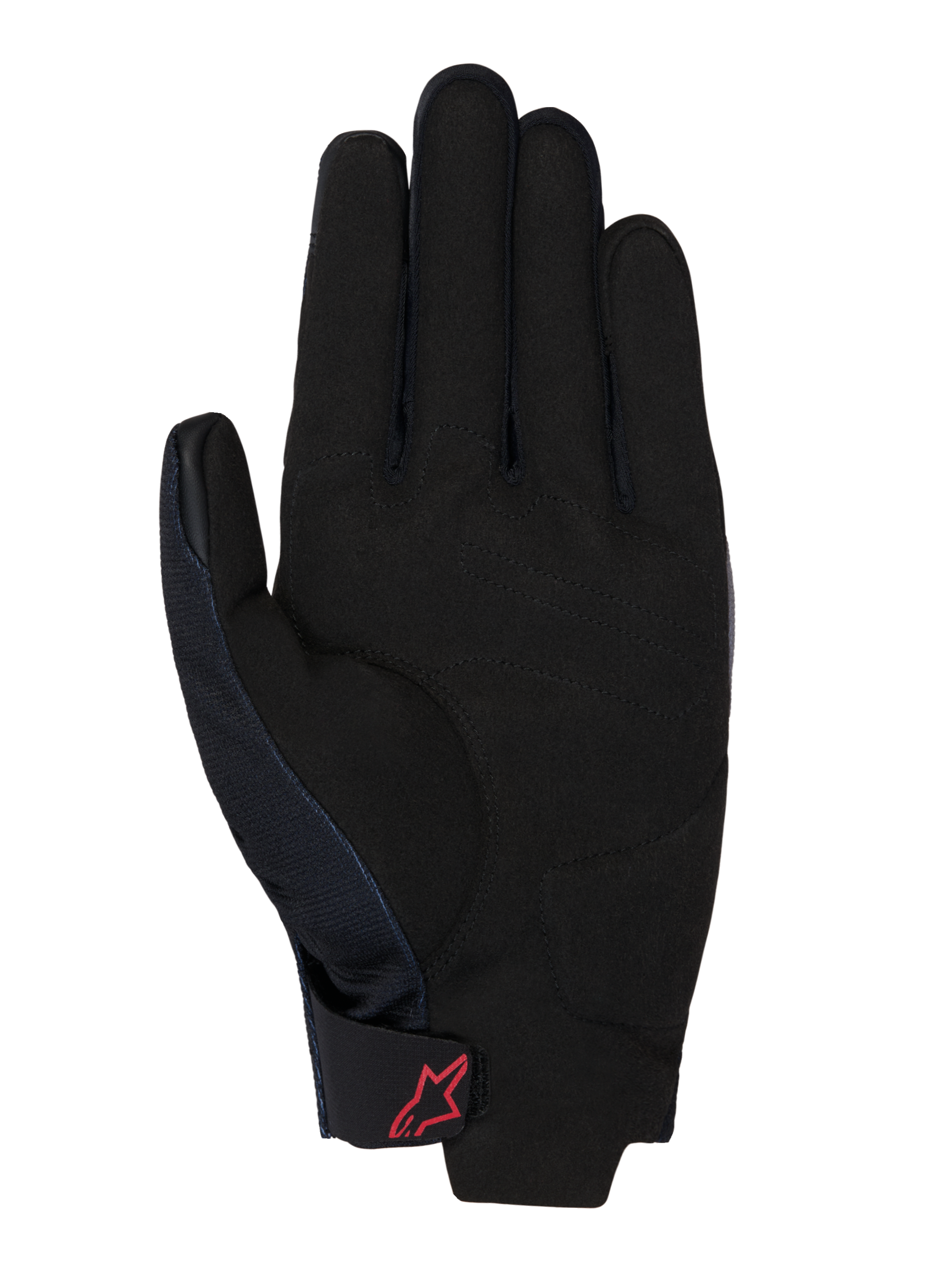 Honda Reef V2-handschoenen, zicht op de handpalm, zwart synthetisch suède met gewatteerde versteviging, rood Alpinestars-logo op de klittenband polssluiting, ontwerp met korte manchet voor motorrijden