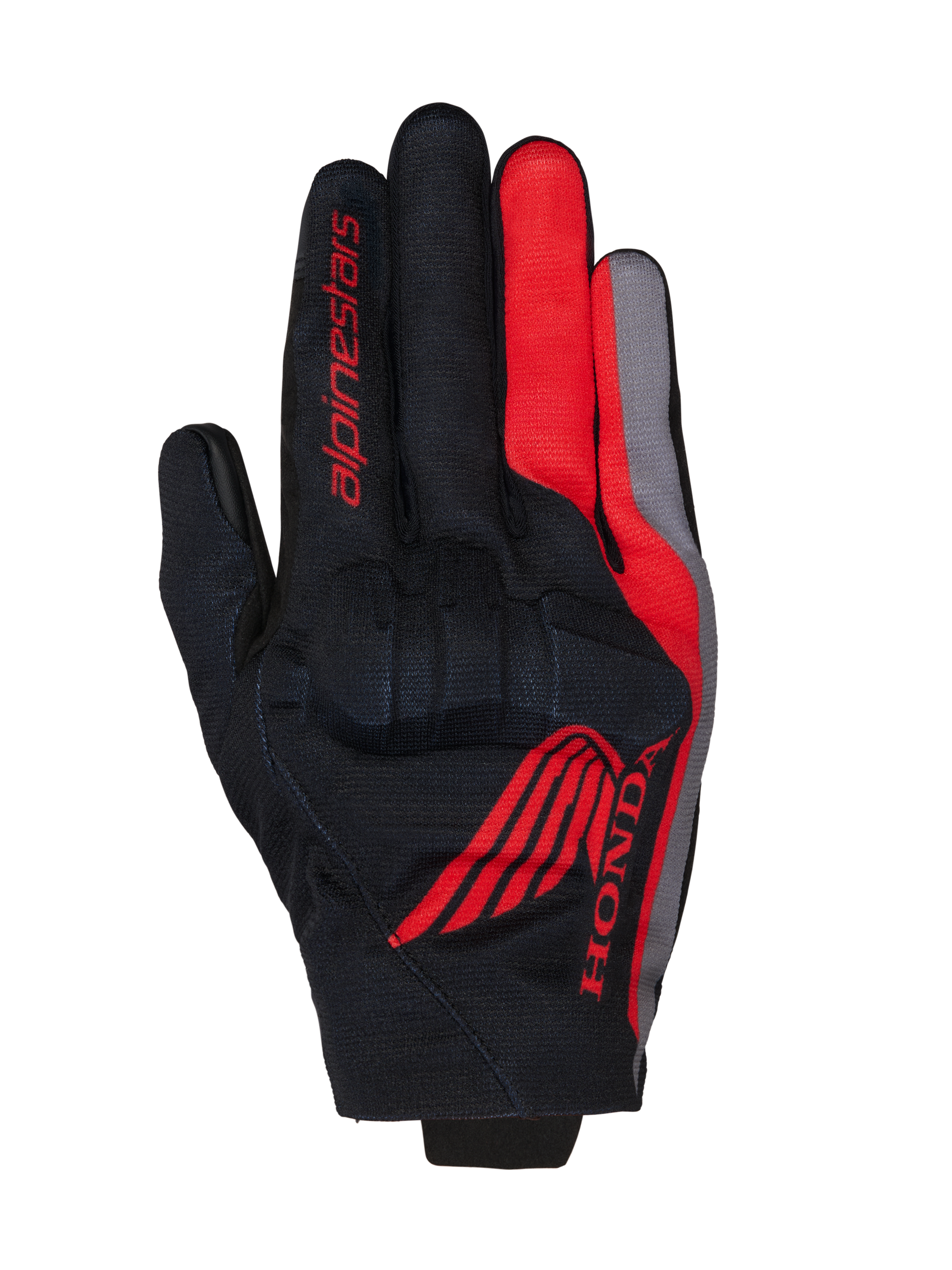 Alpinestars Honda Reef V2 Gloves, Motorcycle Gloves, Black with Bright Red and Dark Gray accents, featuring red Honda wing logo and Alpinestars branding, breathable textile construction with integrated knuckle protection, short cuff design