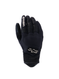 Alpinestars Tracker handschoenen, motorhandschoenen, zwart, achteraanzicht met stretch textielconstructie, geperforeerde leren details op de vingers en pols, witte branding op de wijsvinger, Alpinestars-logo met 1963 op de rug, gewatteerde knokkelzone, kort manchet urban ontwerp
