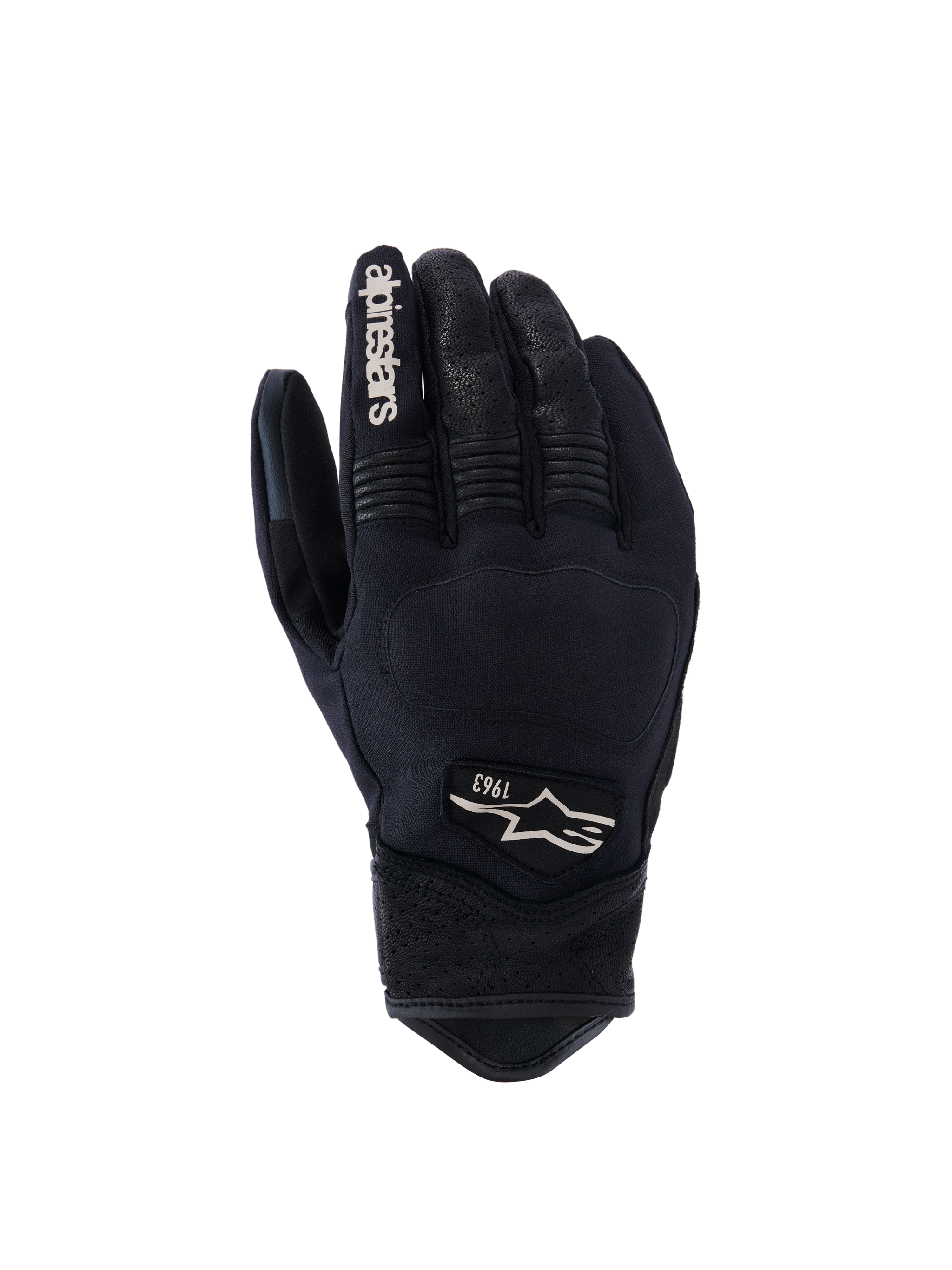Alpinestars Tracker Handschuhe, Motorradhandschuhe, Schwarz mit weißem Logo, detaillierte Nähte, verstärkte Knöchel, strukturierte Finger für Flexibilität, 1963-Logo auf der Rückseite, moderne sportliche Passform