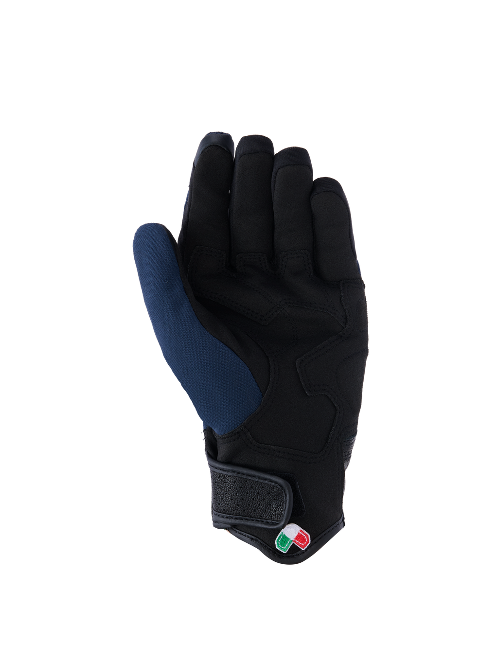 Gants Alpinestars Tracker, vue de la paume, bleu foncé et noir, dotés d'une paume en suède synthétique renforcée, manchette courte avec fermeture crochet et boucle, et petit logo tricolore, équipement de moto urbain