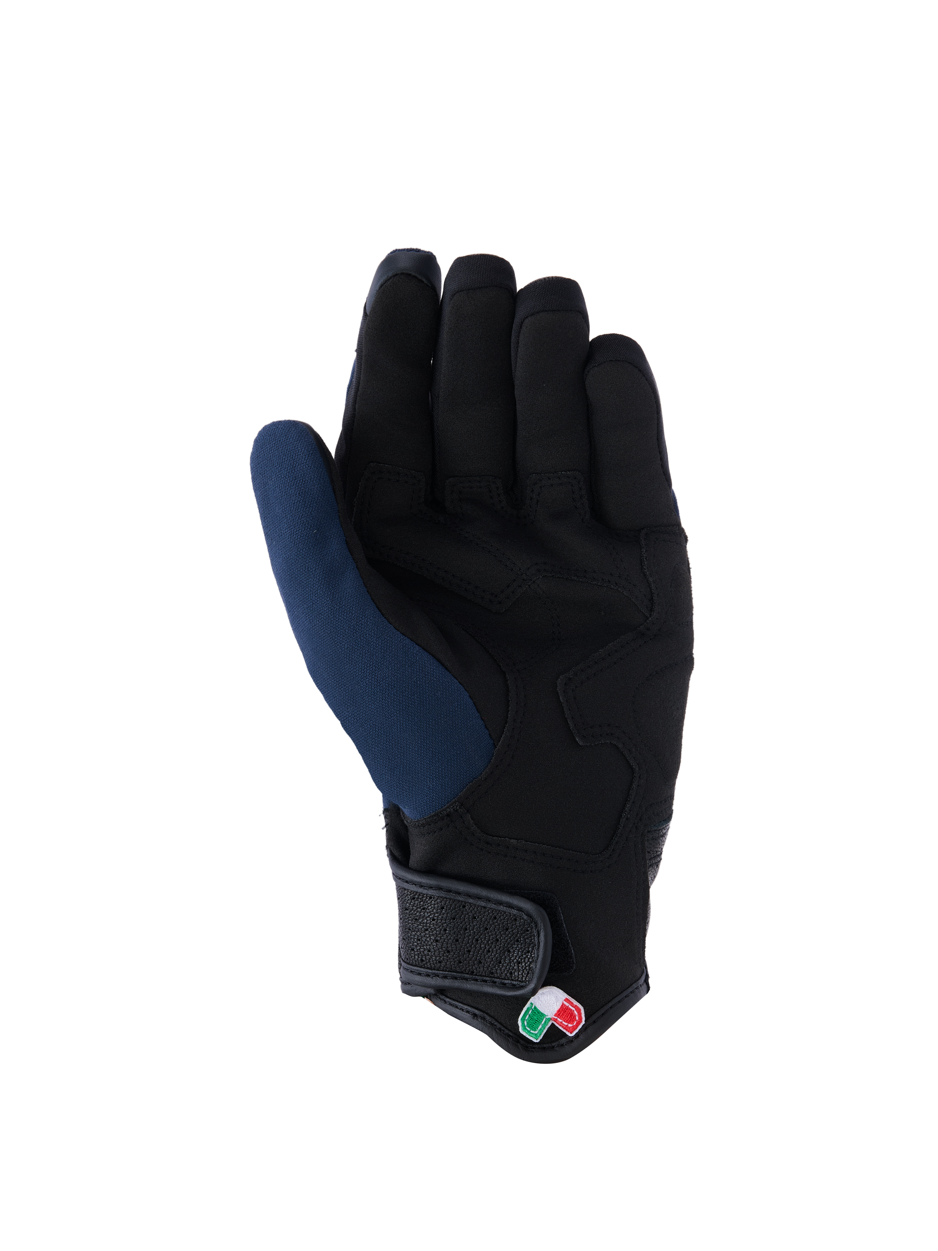 Gants Alpinestars Tracker, vue de la paume, bleu foncé et noir, dotés d'une paume en suède synthétique renforcée, manchette courte avec fermeture crochet et boucle, et petit logo tricolore, équipement de moto urbain