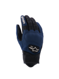 Gants Alpinestars Tracker, gants de moto urbains, bleu foncé et noir, dos en textile avec doigts et manchette en cuir perforé, inserts extensibles en accordéon, écusson logo héritage 1963, style inspiré du vêtement de travail