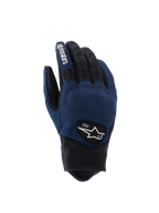 Gants Alpinestars Tracker, gants de moto urbains, bleu foncé et noir, dos en textile avec doigts et manchette en cuir perforé, inserts extensibles en accordéon, écusson logo héritage 1963, style inspiré du vêtement de travail